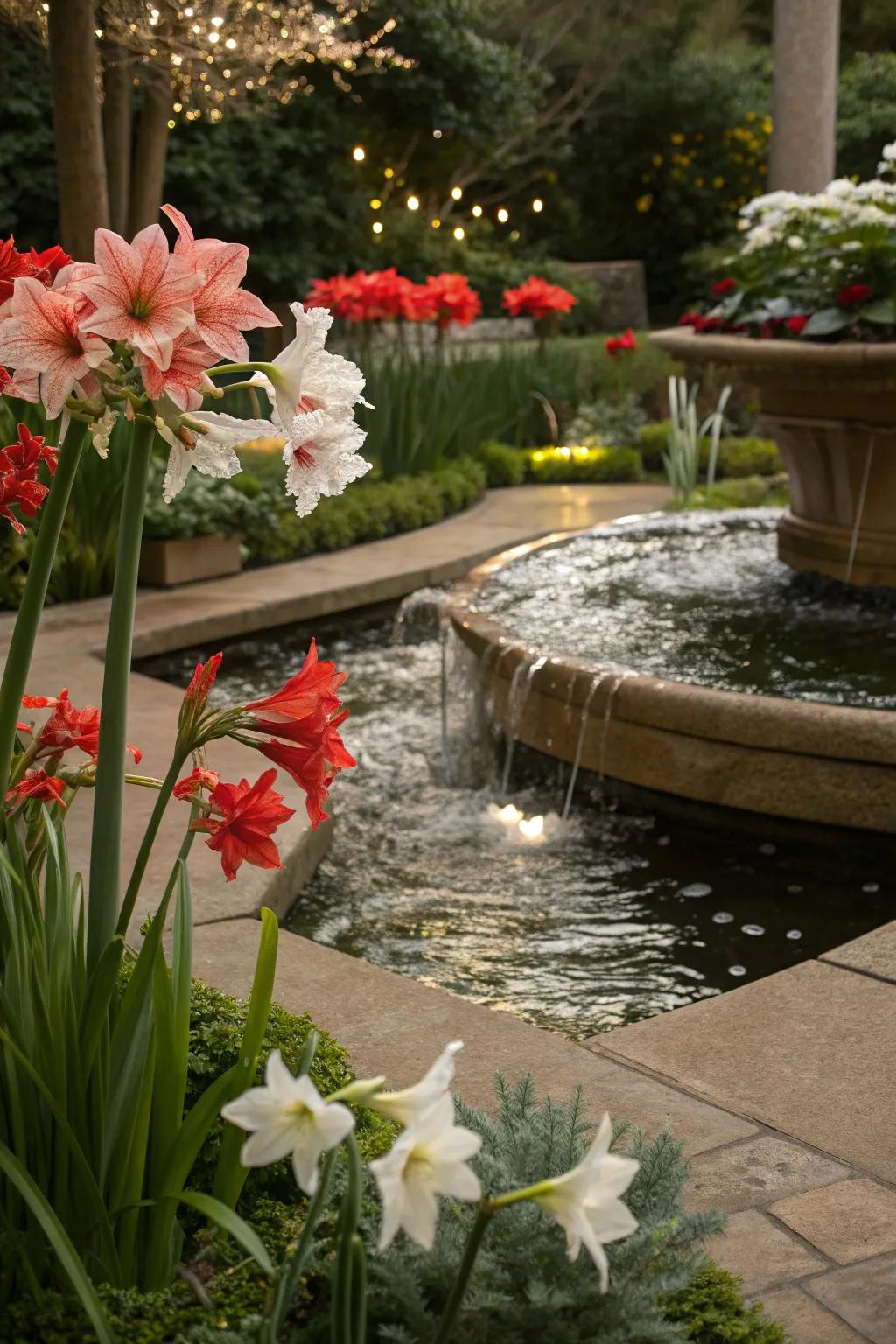 Amaryllis by a water feature for a serene garden spot.