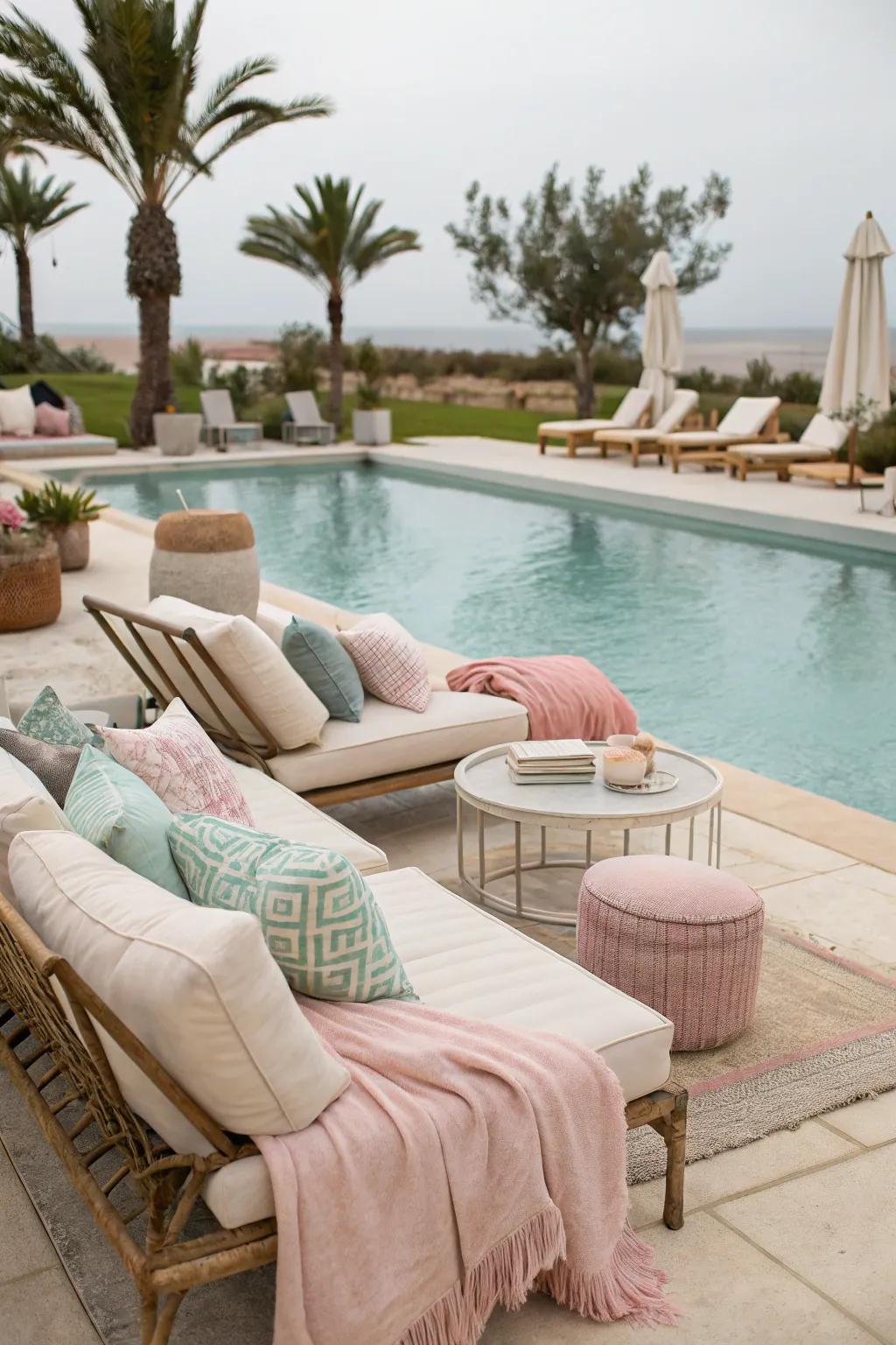 A cozy poolside lounge area with plush seating and serene views.