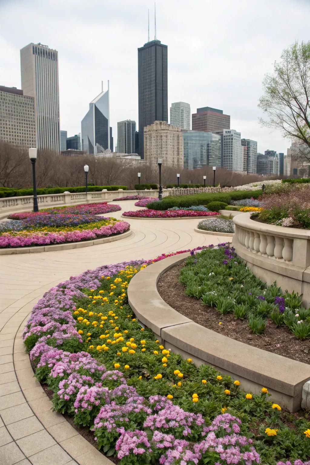 Urban chic with a structured circular flower bed.
