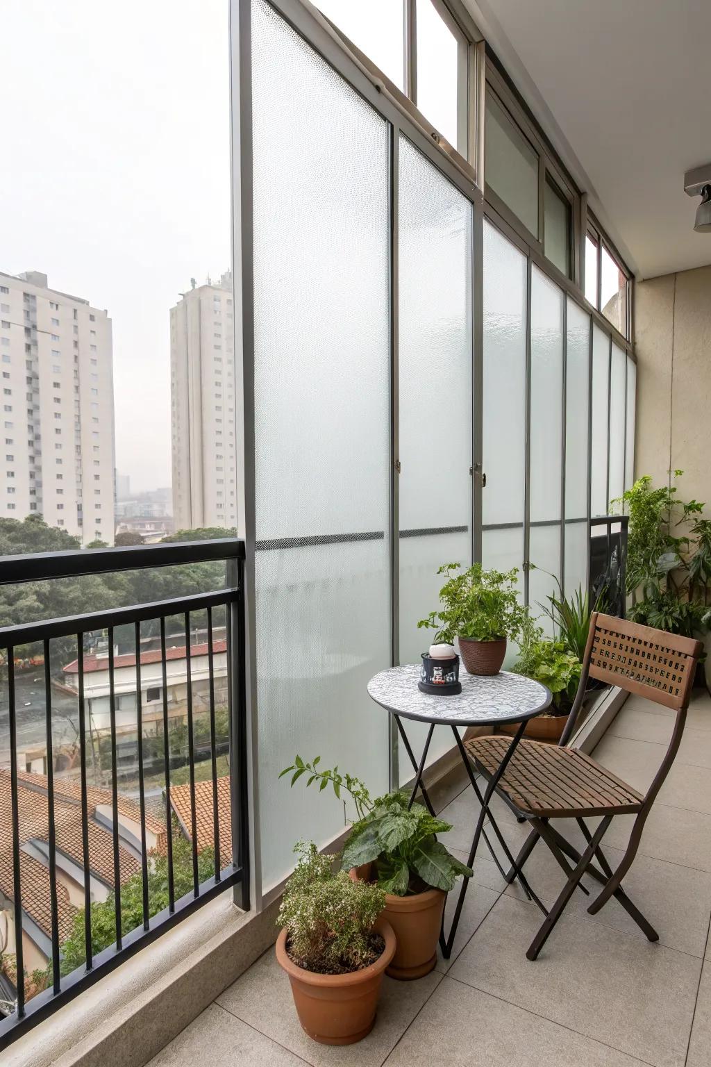 Frosted glass panels give a sleek, modern touch to balcony privacy.