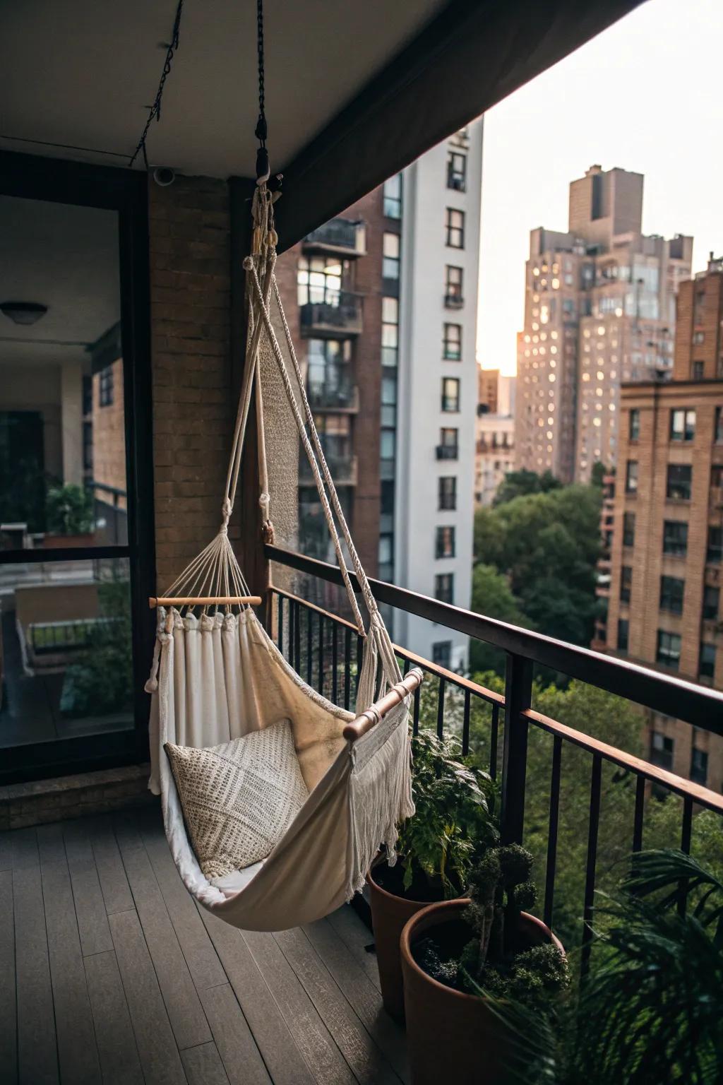 A hanging chair offering a relaxing escape on a small apartment balcony.