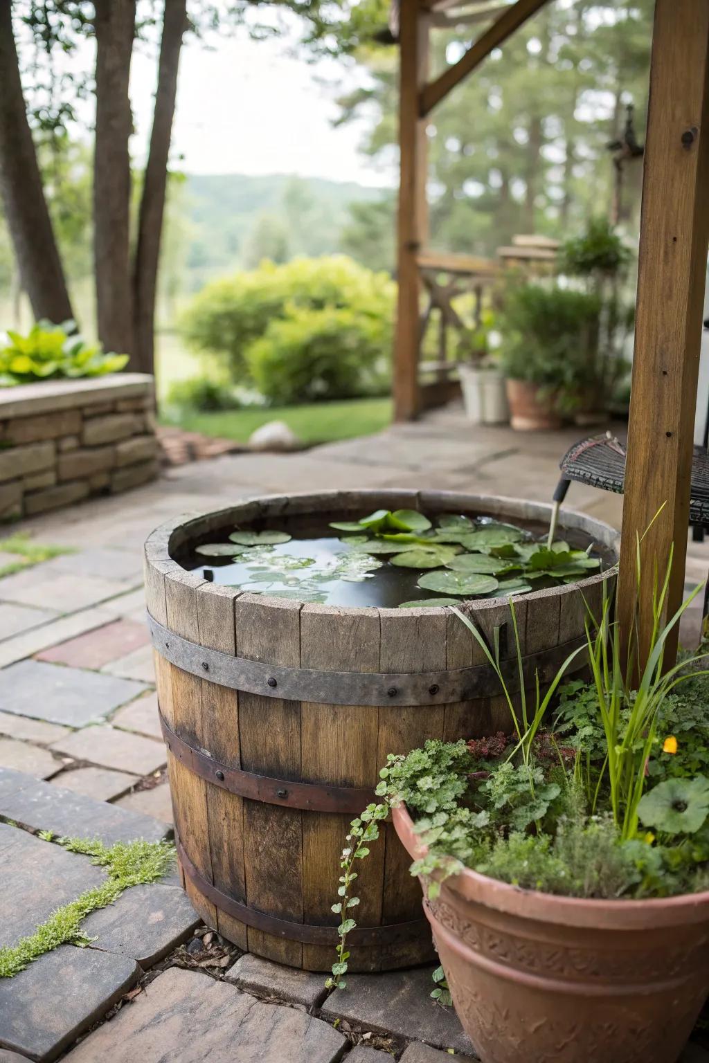 A charming barrel water garden adding rustic flair.
