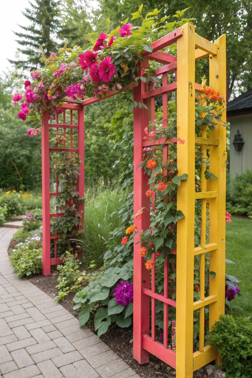 Bold, colorful trellis adding a striking focal point to the garden.