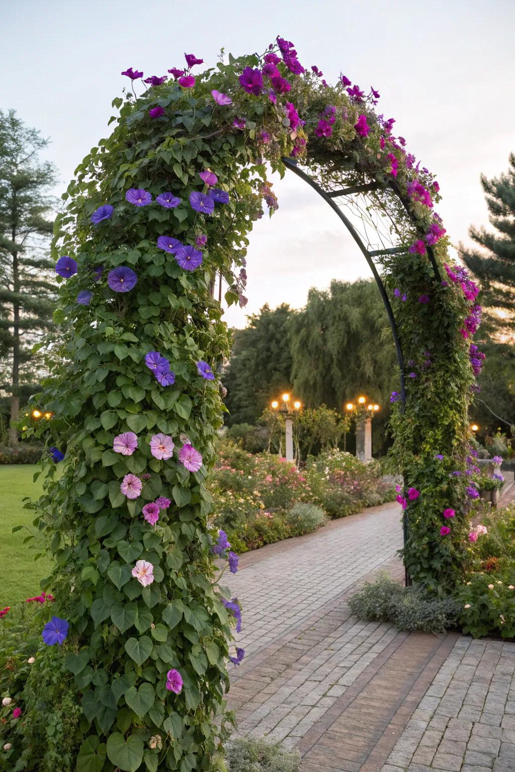 A living art installation with a morning glory-covered trellis.