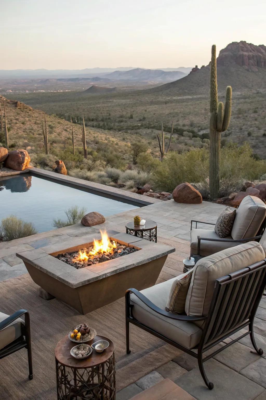 Fire features provide warmth and a dramatic focal point for poolside gatherings.