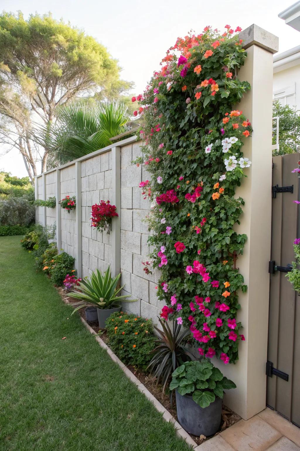 A stunning vertical flower wall bringing height and color to the garden.
