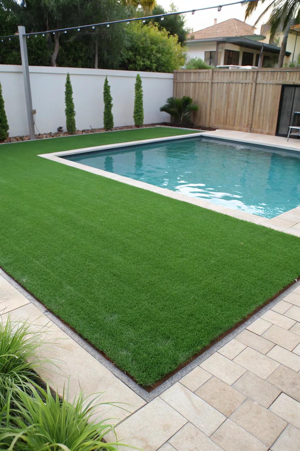 Enjoy low maintenance beauty with artificial grass around your pool.