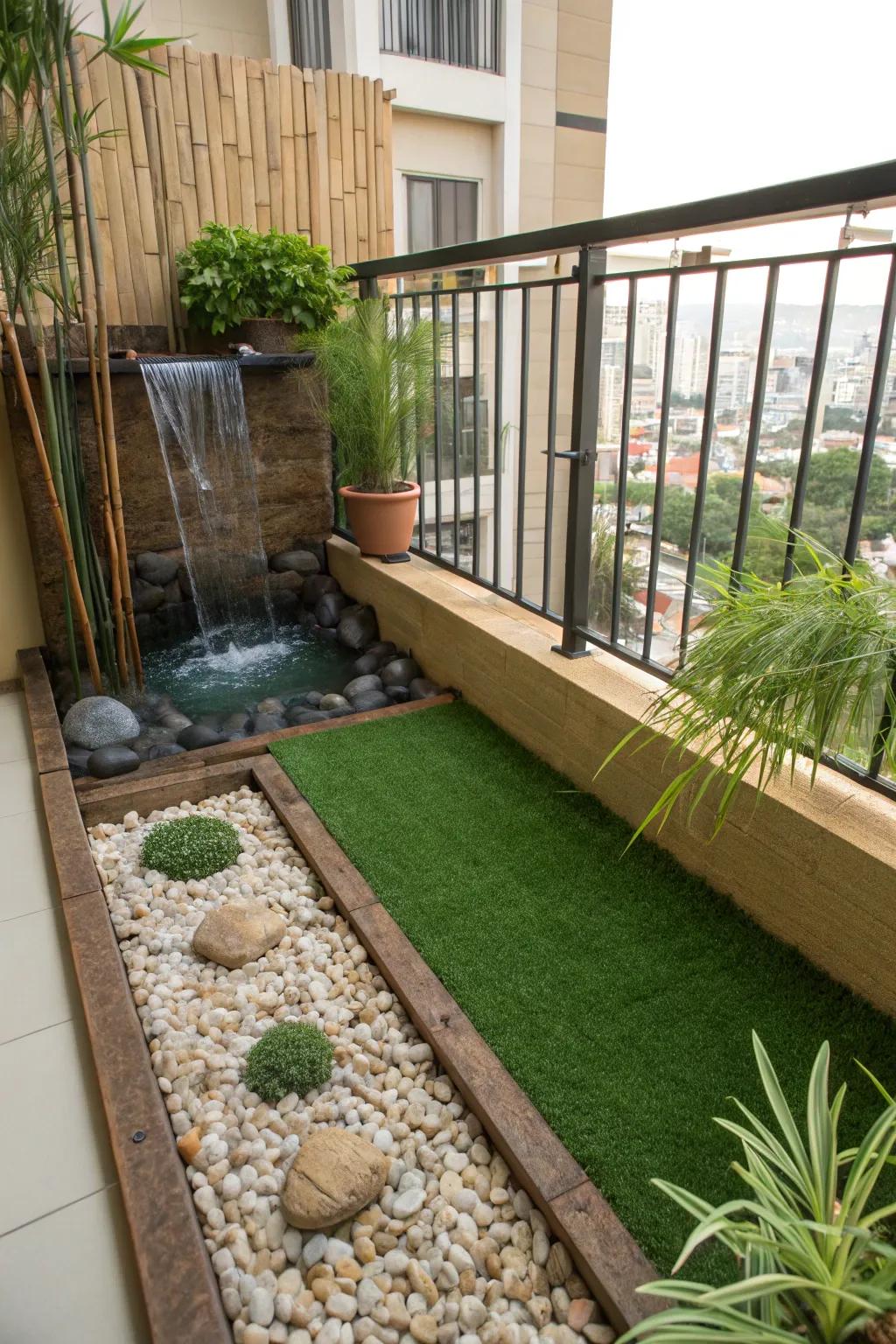 Craft a peaceful Zen garden with artificial grass and natural elements.