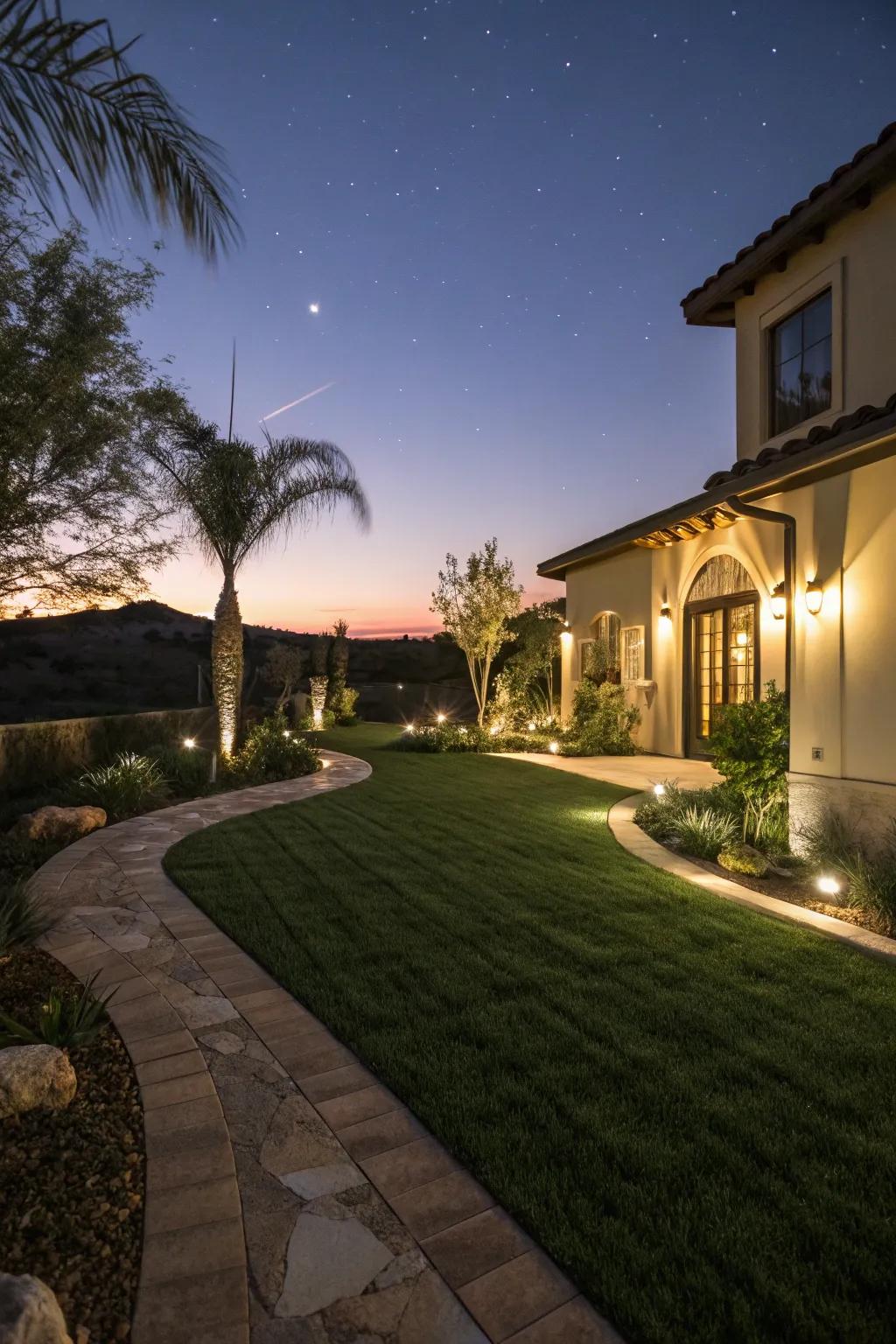 Accent lighting highlights the beauty of your artificial grass yard at night.