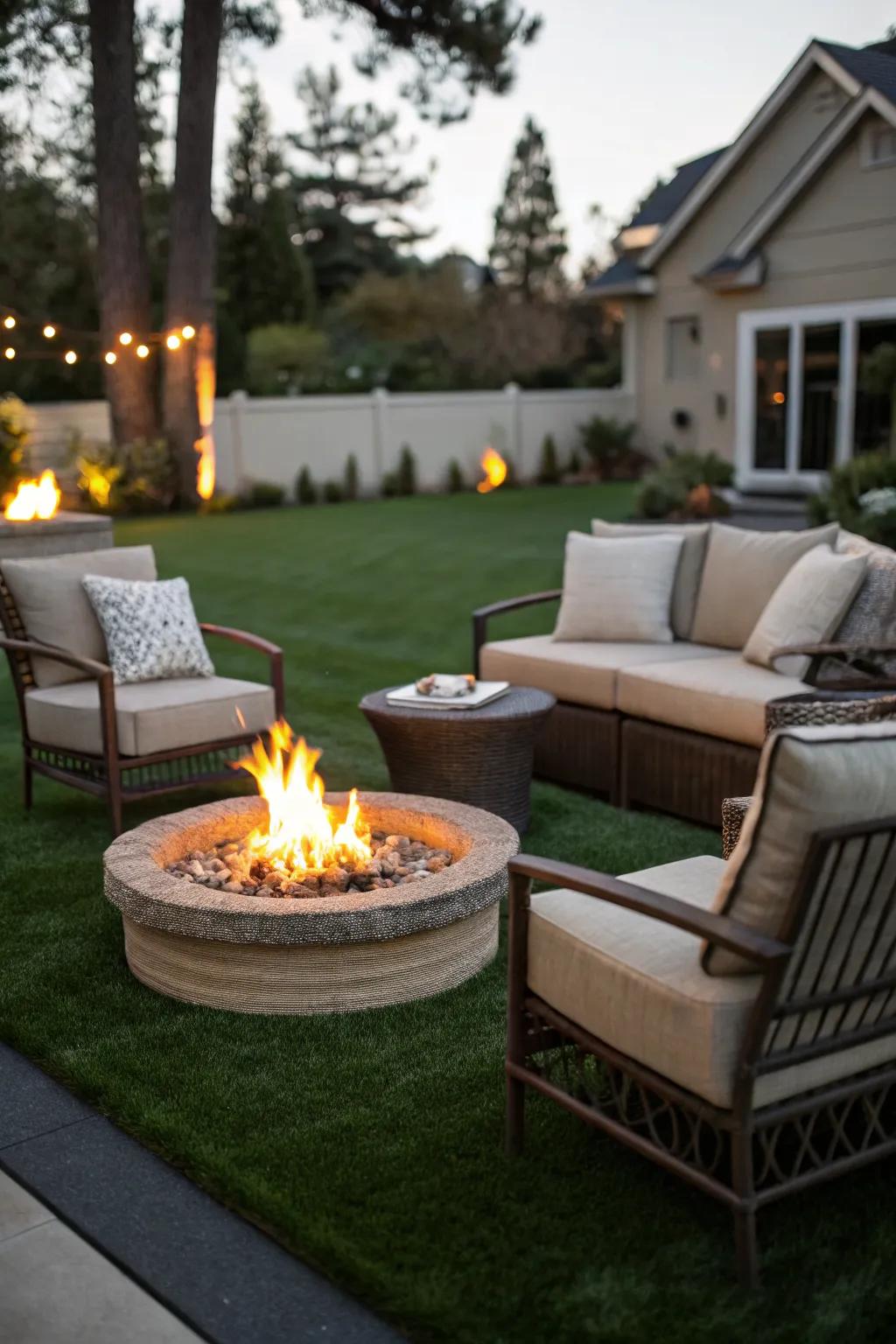 Create a cozy gathering spot with a fire pit on artificial grass.