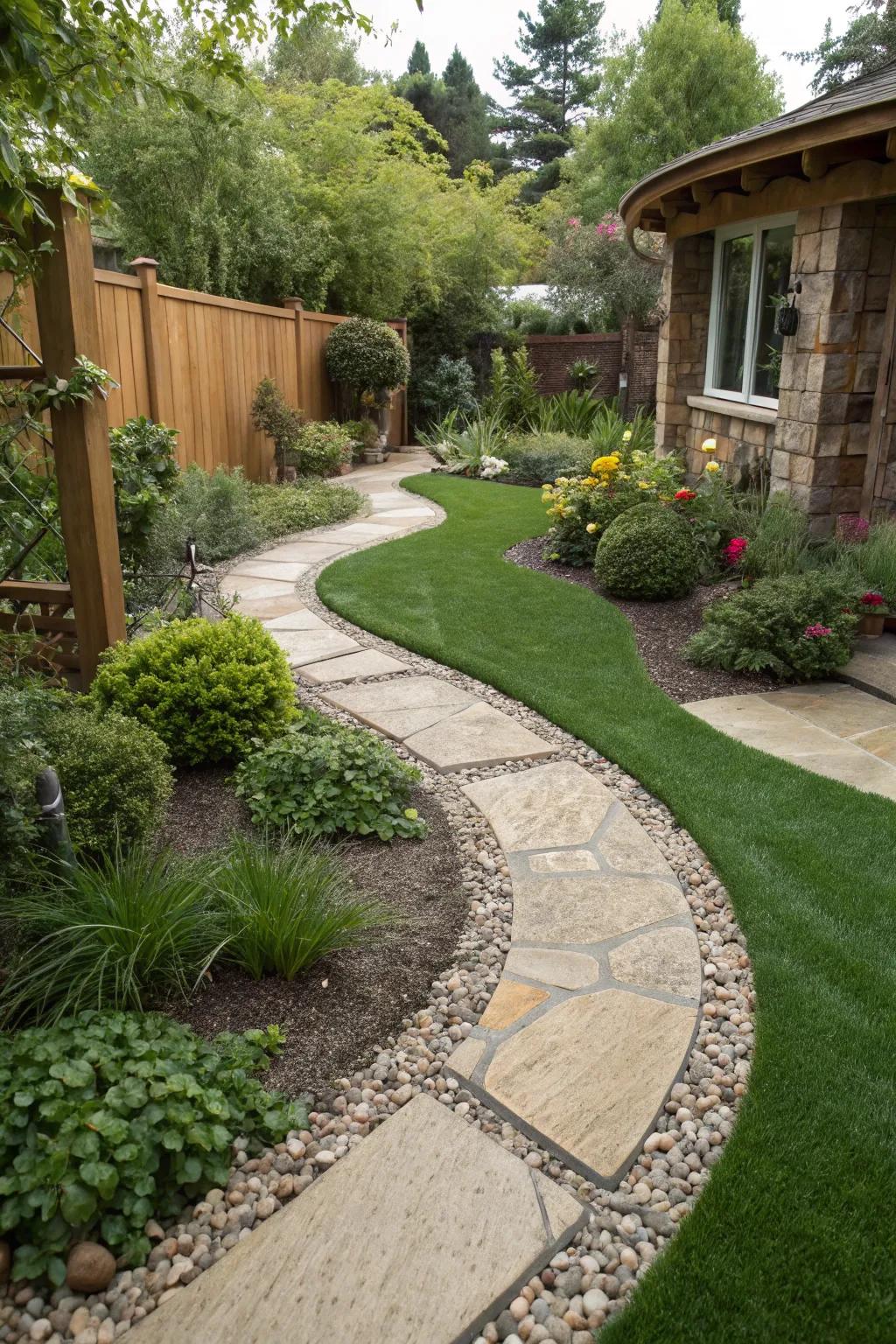 Artificial turf integrated with garden pathways for a unified look.