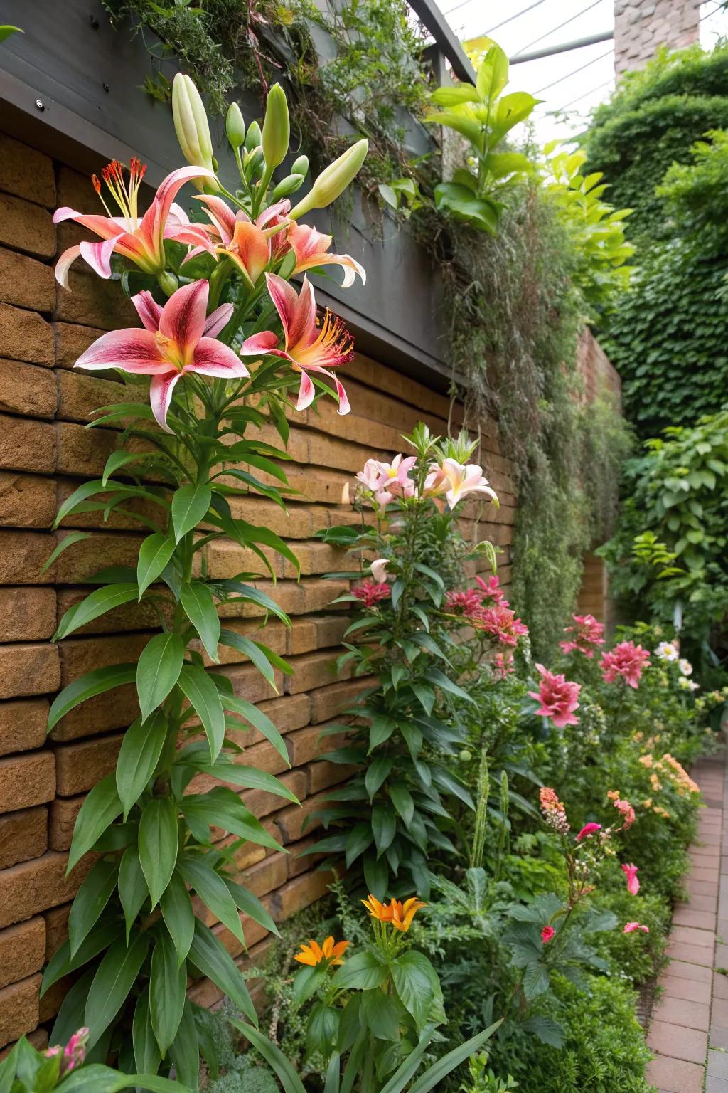 Asiatic lilies bringing color to a vertical garden.