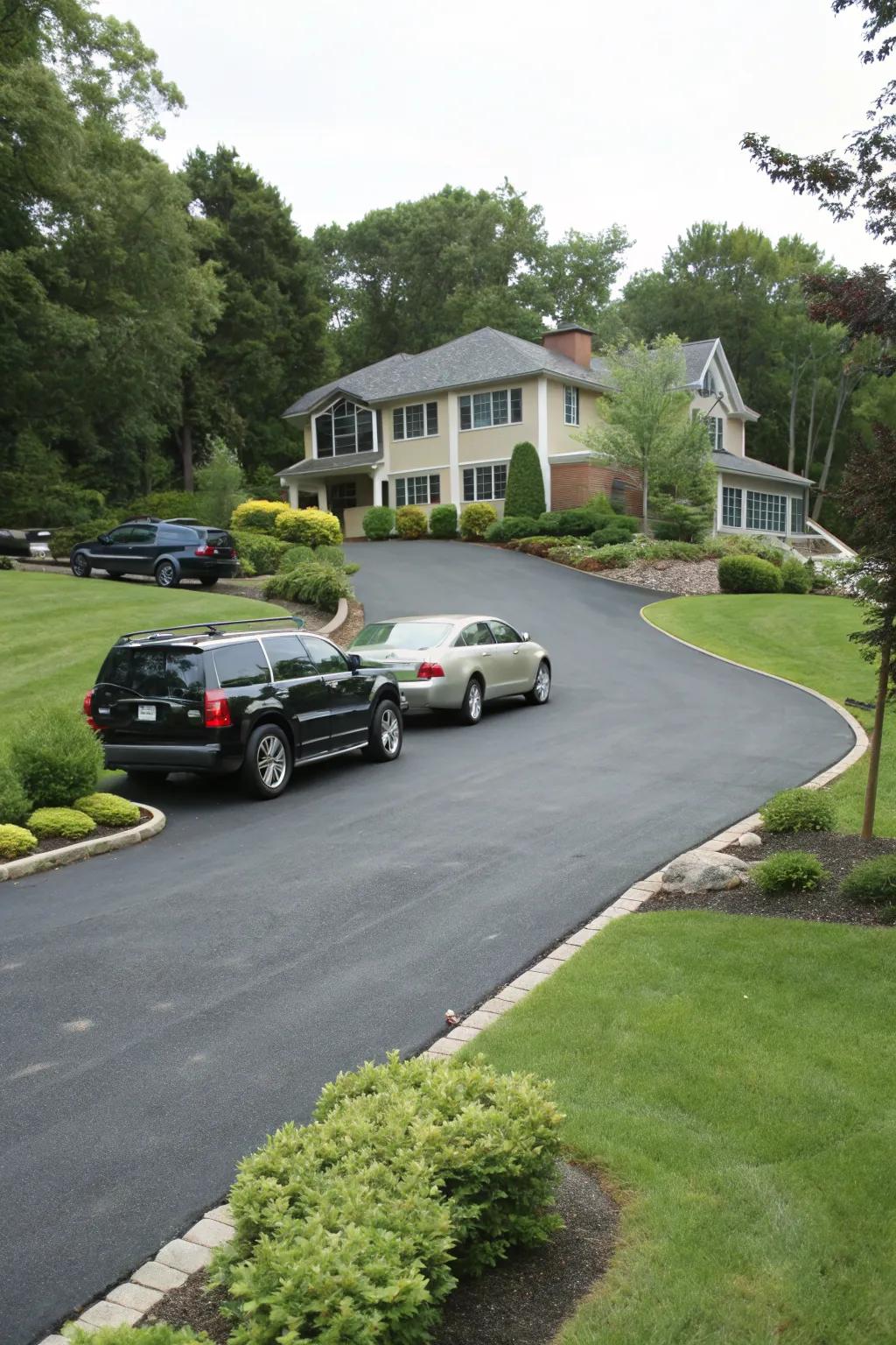 A spacious asphalt driveway designed for multiple vehicle parking.