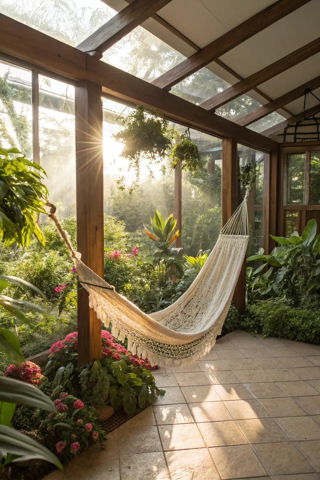 A relaxing retreat with a hammock in a sunroom