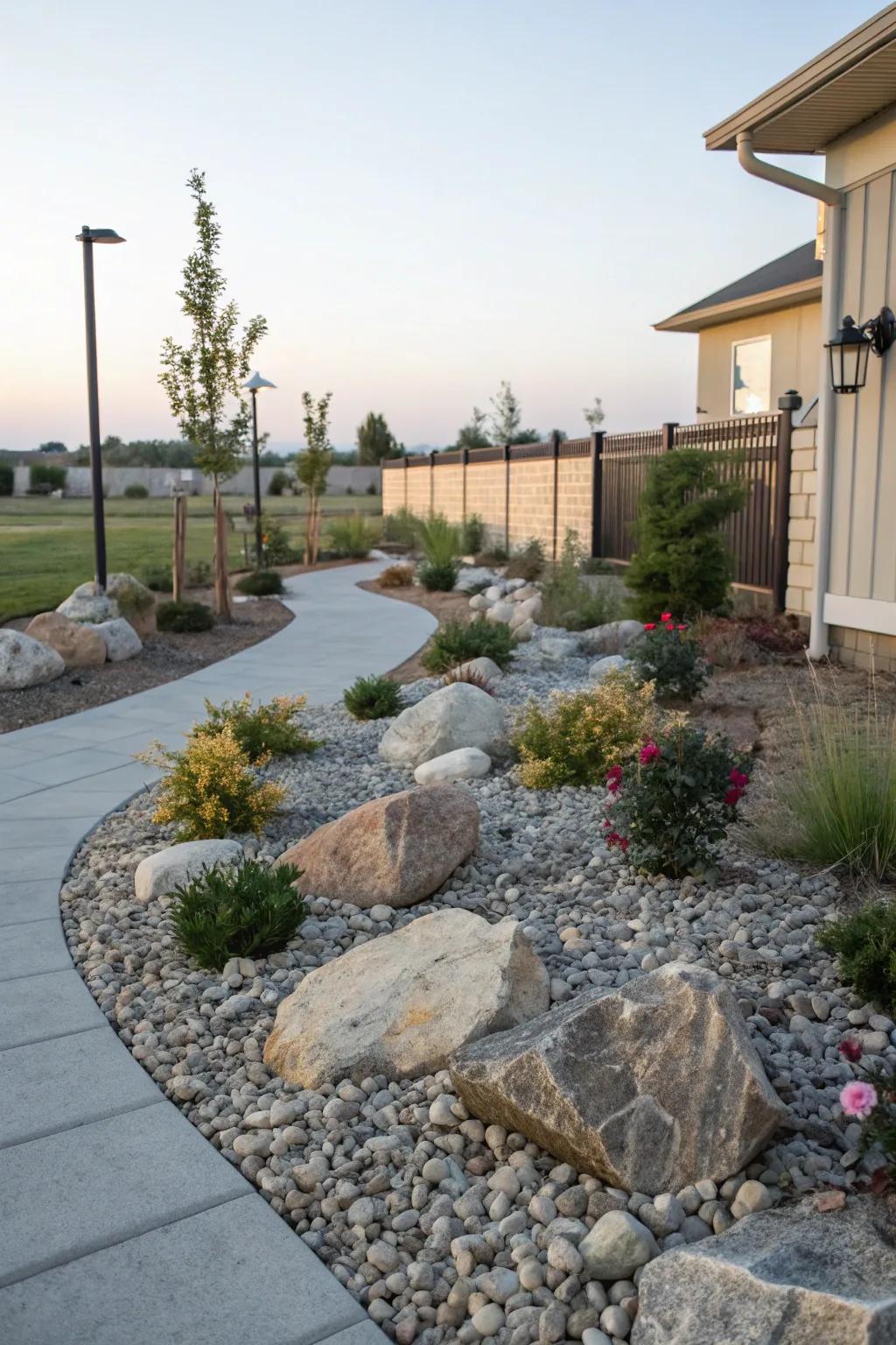 Rocks and gravel provide a stylish, low-maintenance ground cover.