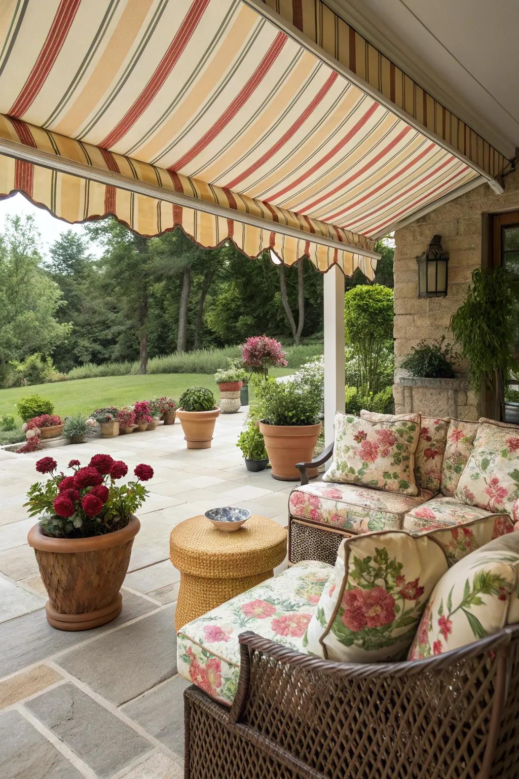Patterned awnings bring playful elegance to outdoor spaces.