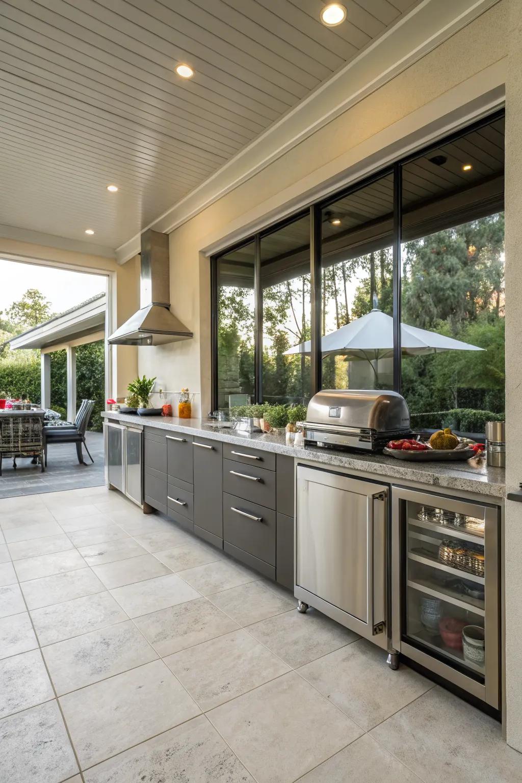 Sleek cabinets provide ample storage in this well-organized back patio kitchen.