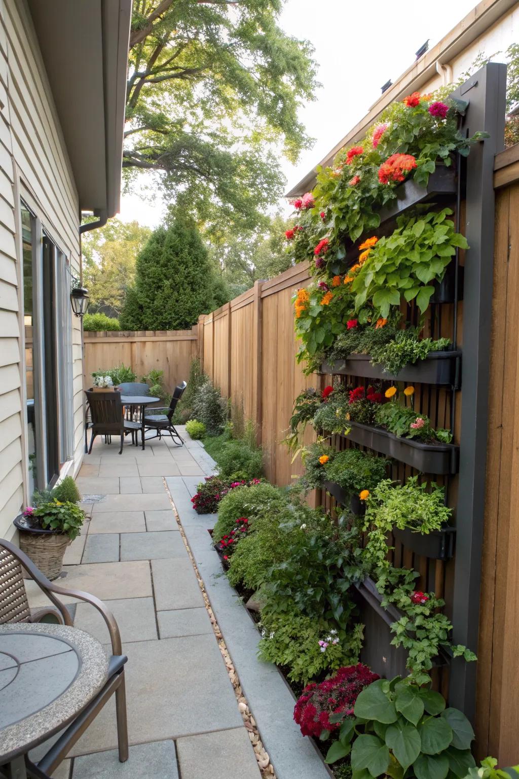 A vertical garden maximizes space while adding lush greenery.