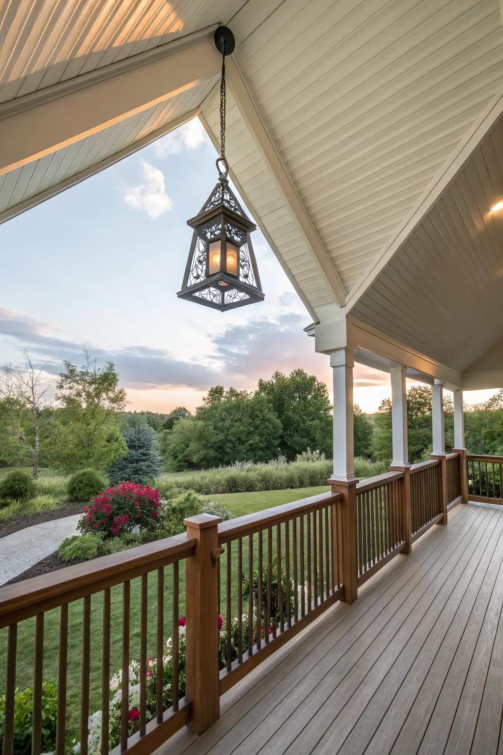 A back porch featuring a distinctive gable-end roof design.
