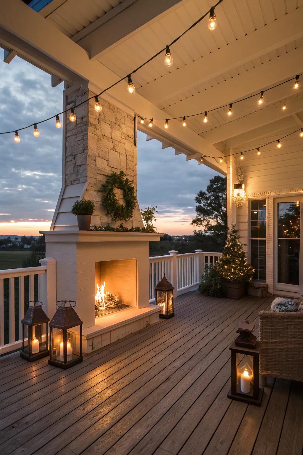Ambient lighting adds a magical touch to the porch.