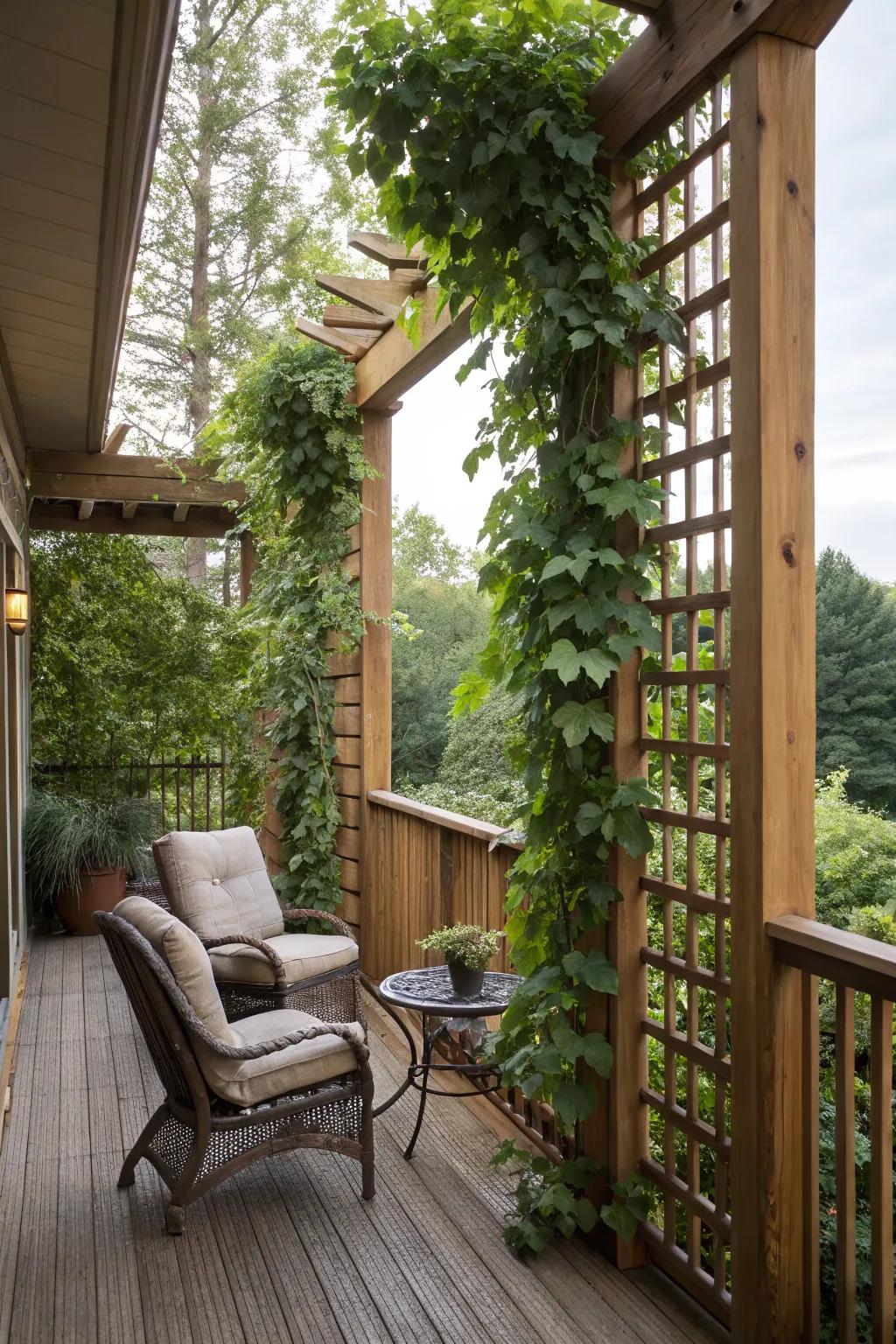 Tall plants and trellises add privacy to your porch.
