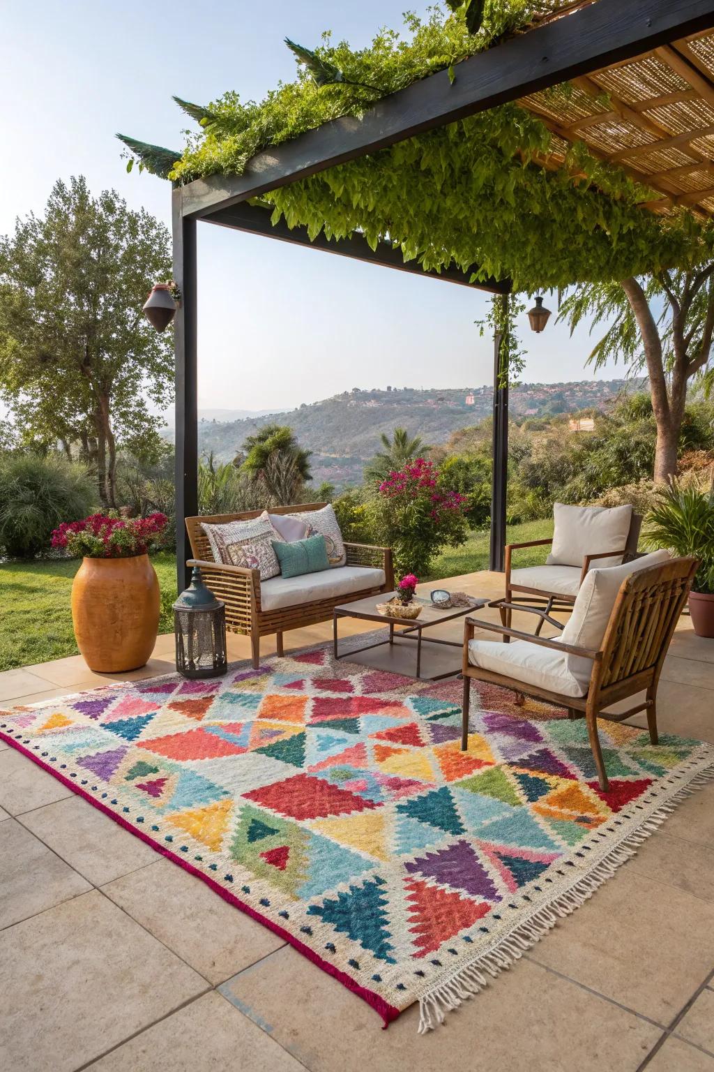 Define your patio space with a vibrant outdoor rug