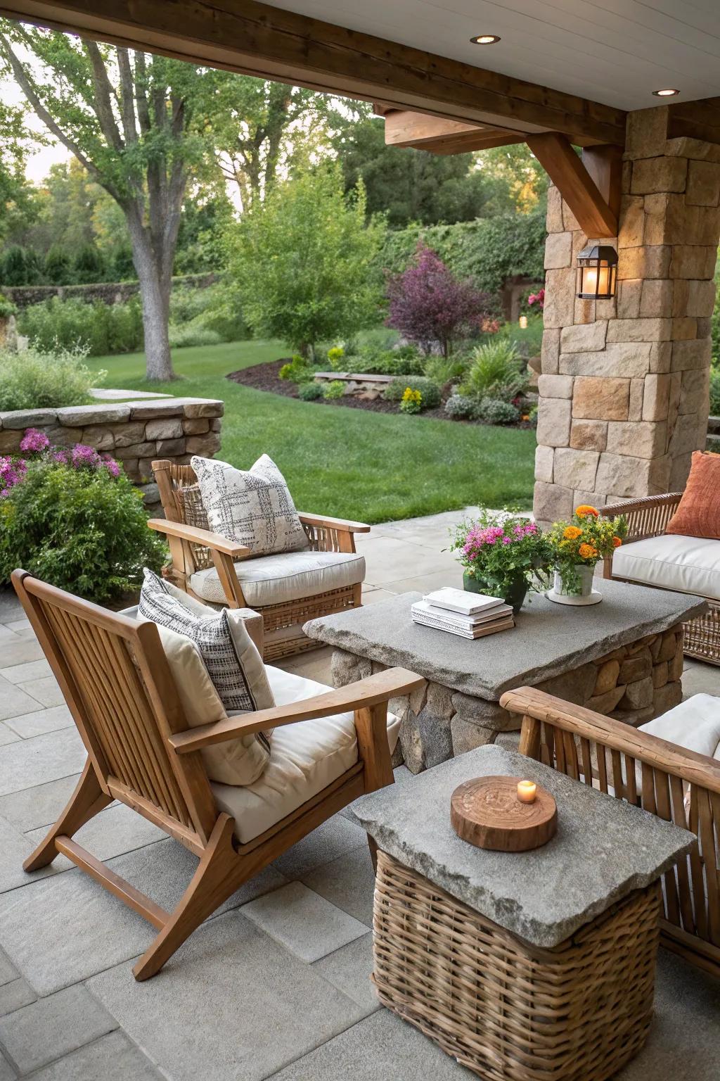 A seating area showcasing a harmonious mix of wood, stone, and wicker materials.