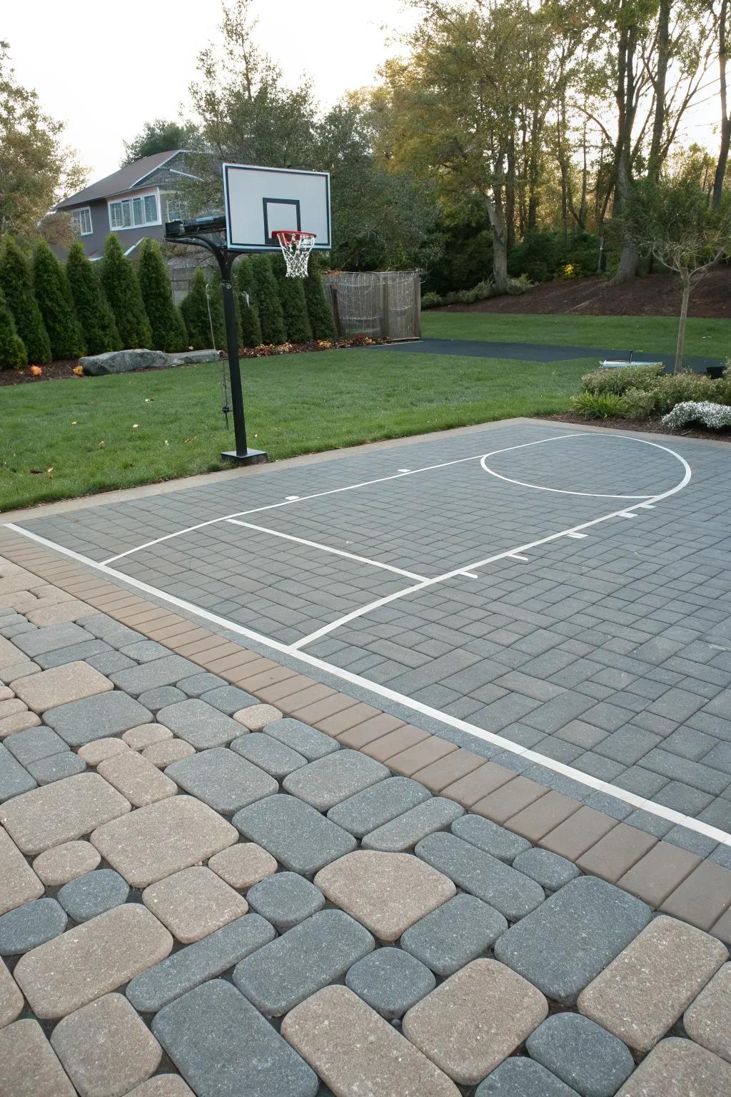 A DIY paver basketball court that adds a personal touch to the backyard.