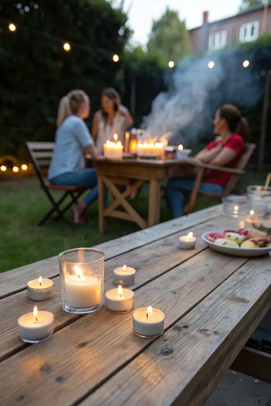 Candles provide a warm, inviting glow to your evening BBQ.