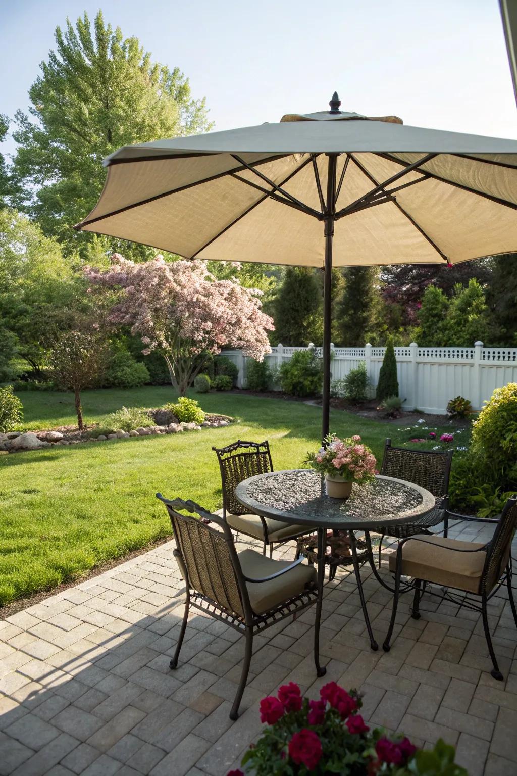 A patio umbrella offers versatile and stylish sun protection.