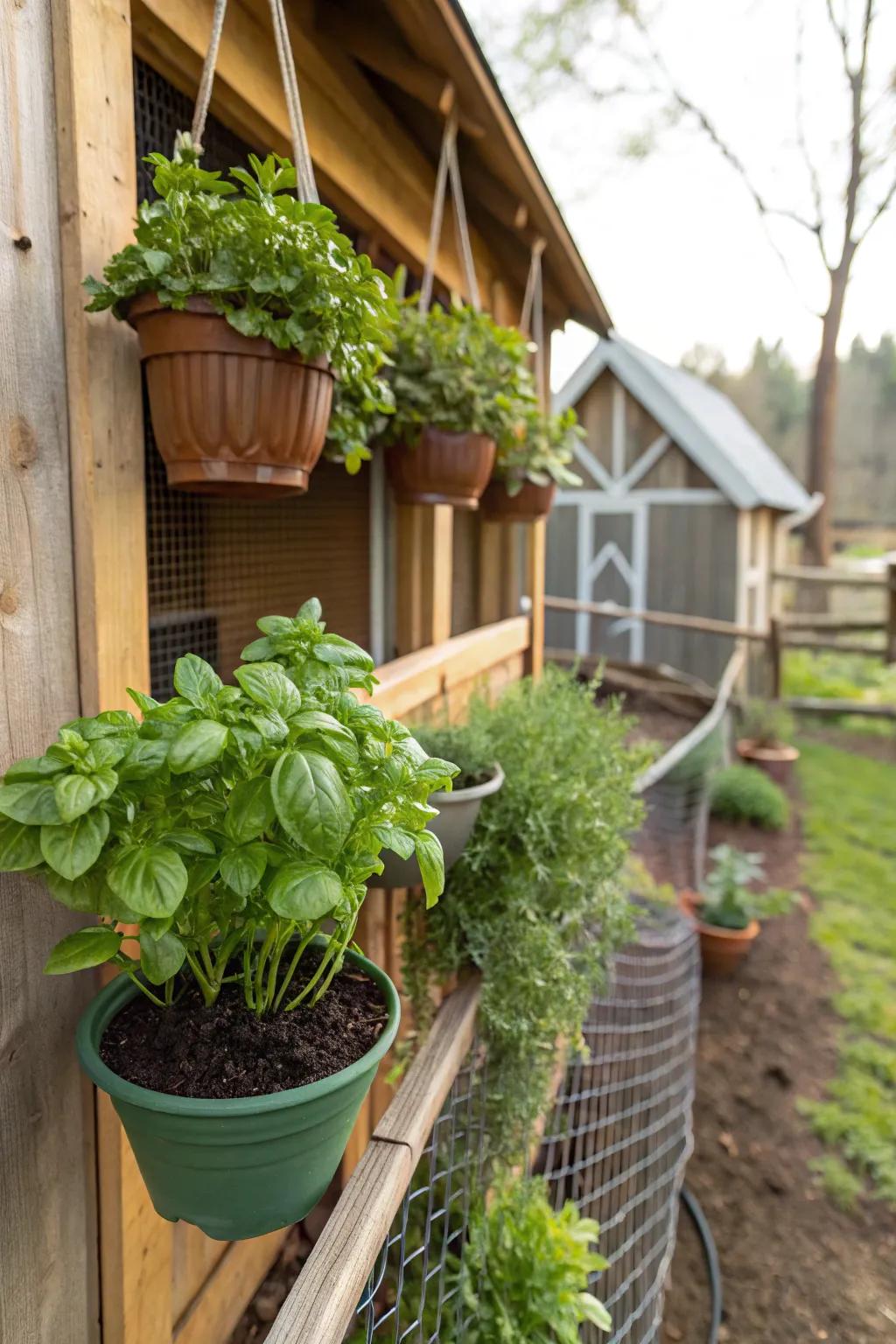 Potted herbs add freshness and deter pests around the coop.