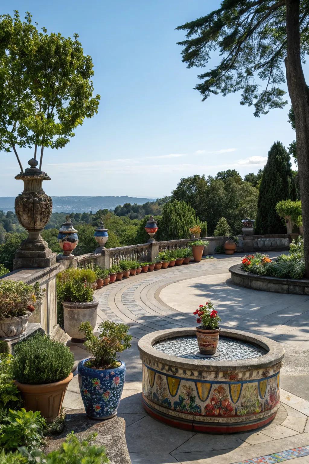 Decorative pots and sculptures adding charm to a circular patio.