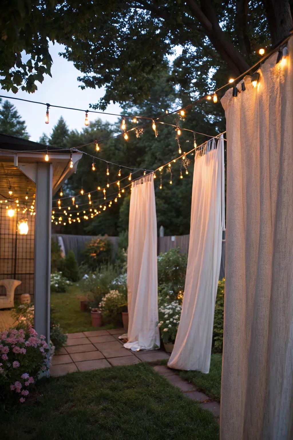 Combine curtains with lighting for a magical outdoor atmosphere.