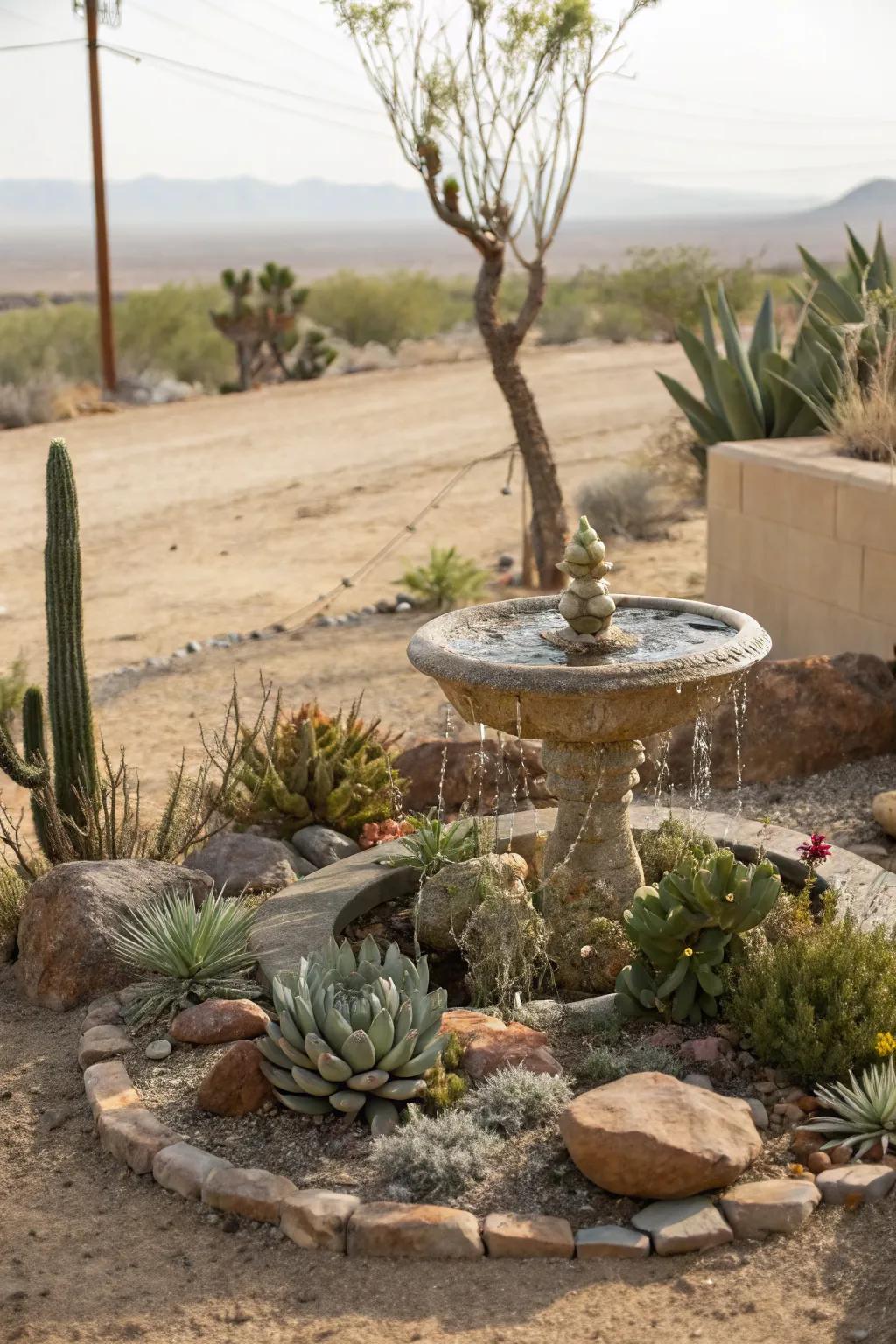 A water feature adds tranquility to your desert garden.