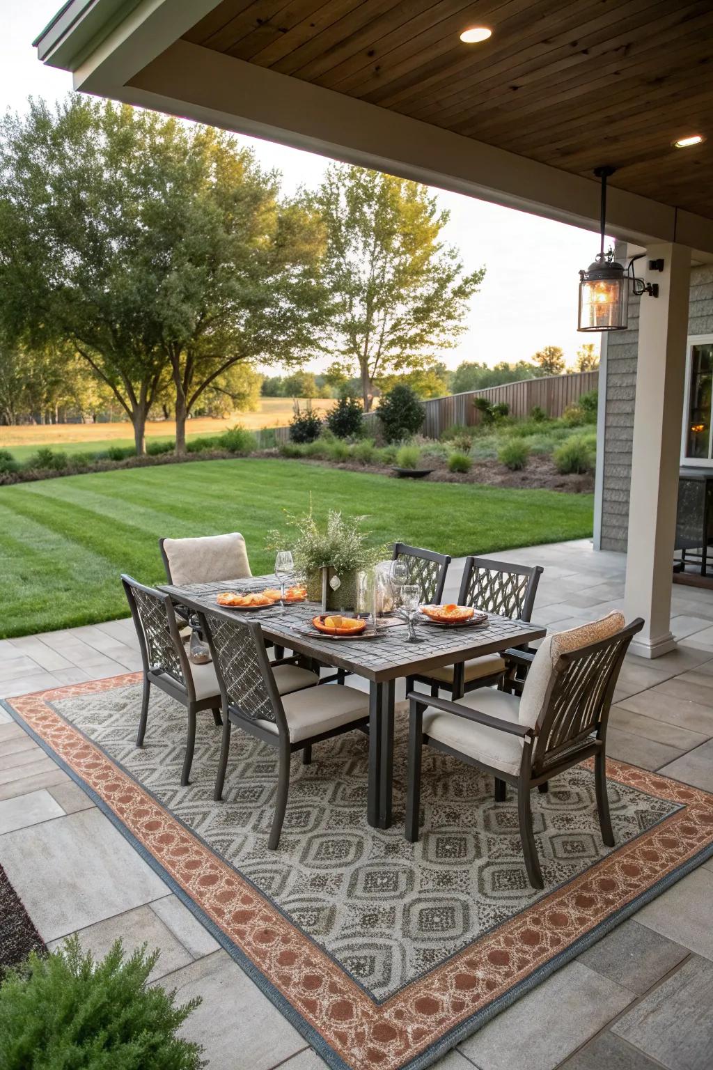 An outdoor rug defines the space and adds comfort to your dining experience.