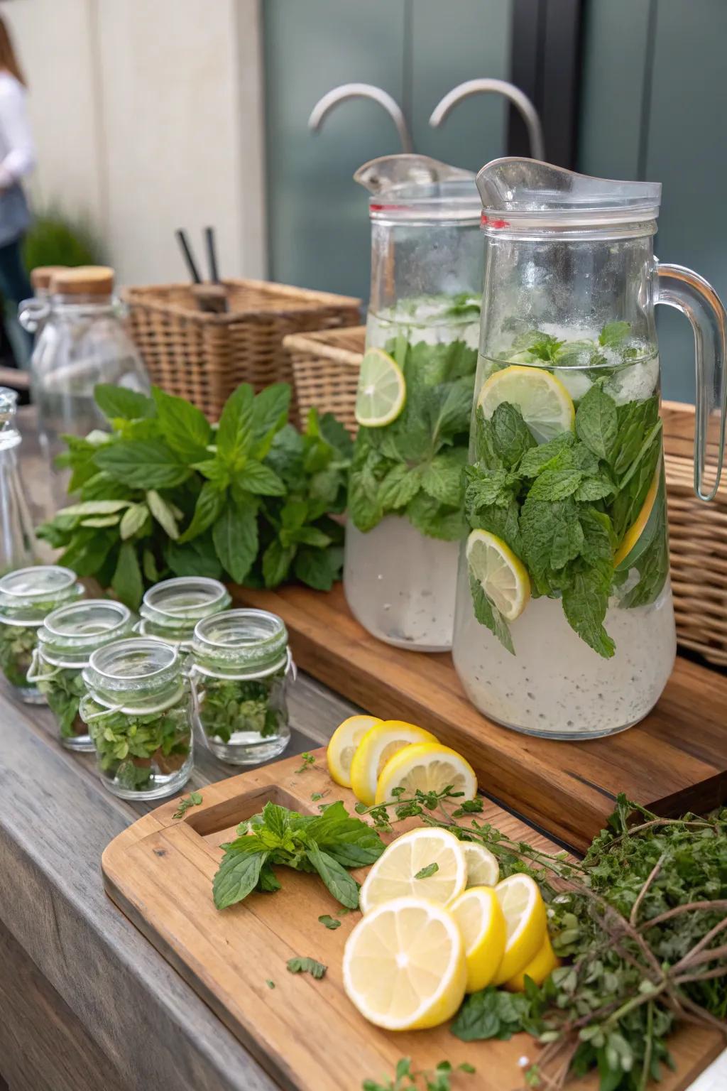 Herb-infused waters provide a refreshing touch to any drink station.