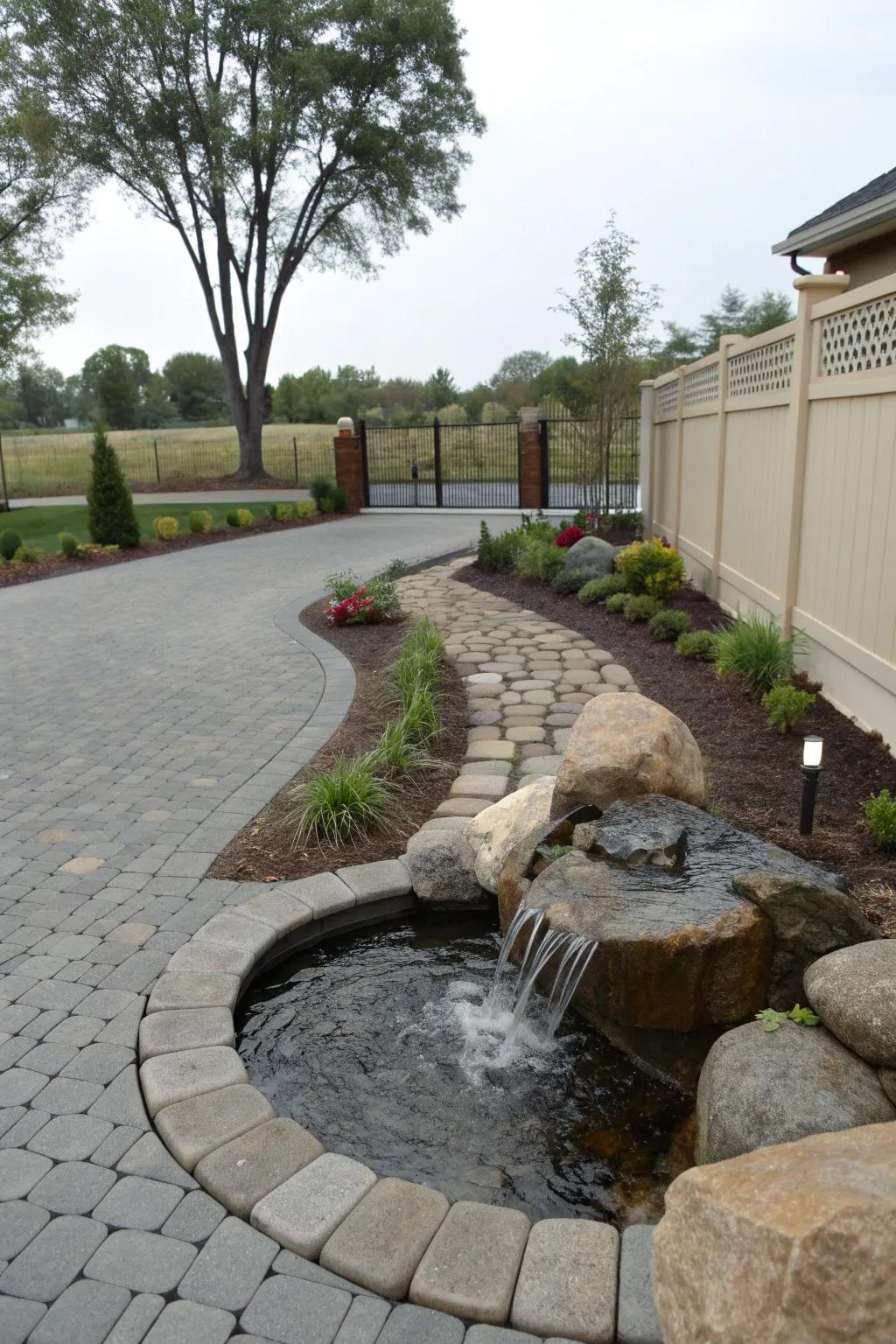 Water features add tranquility and charm to driveways.