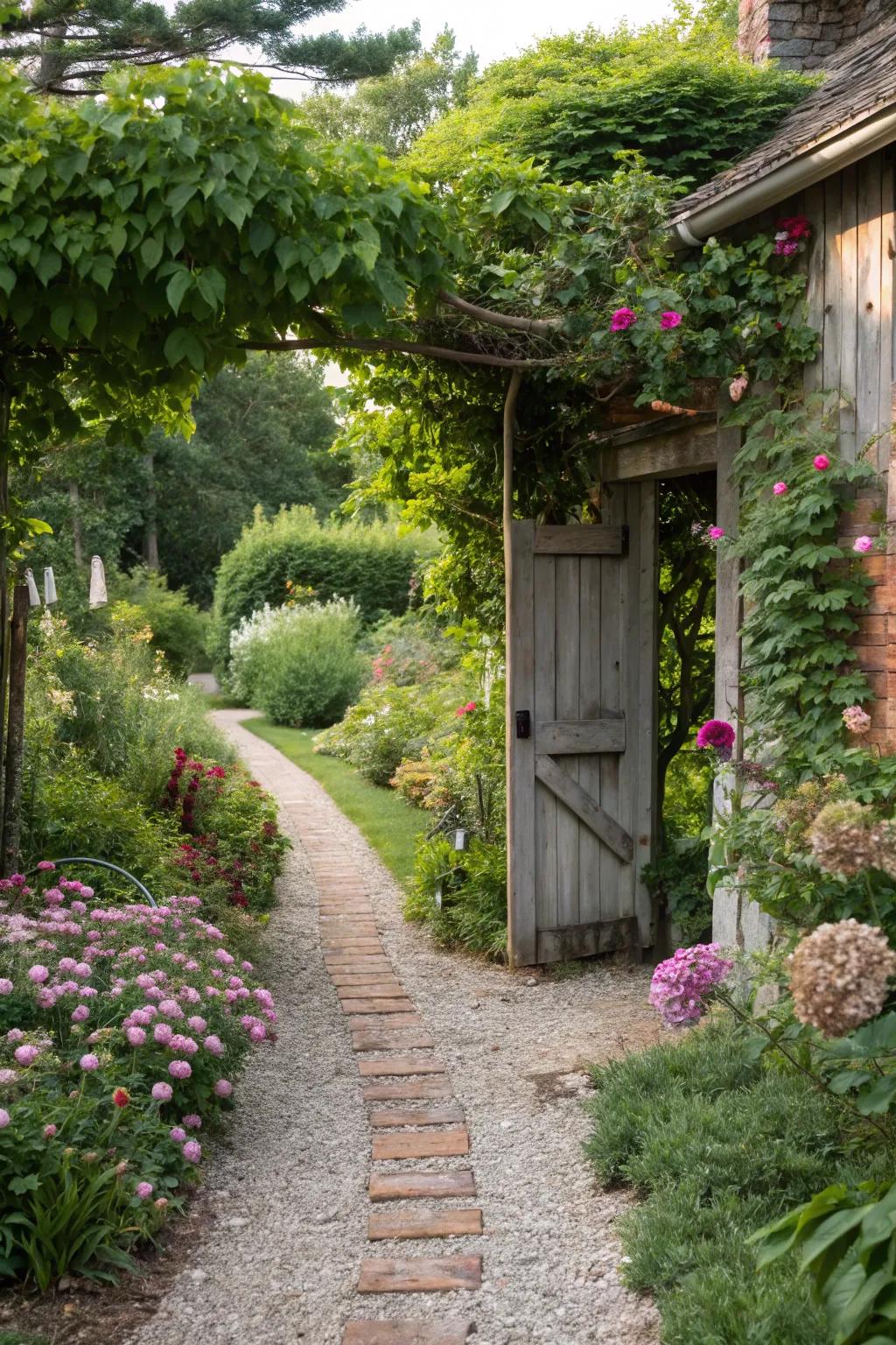 A rustic gravel path leading to a backyard entrance, surrounded by greenery.