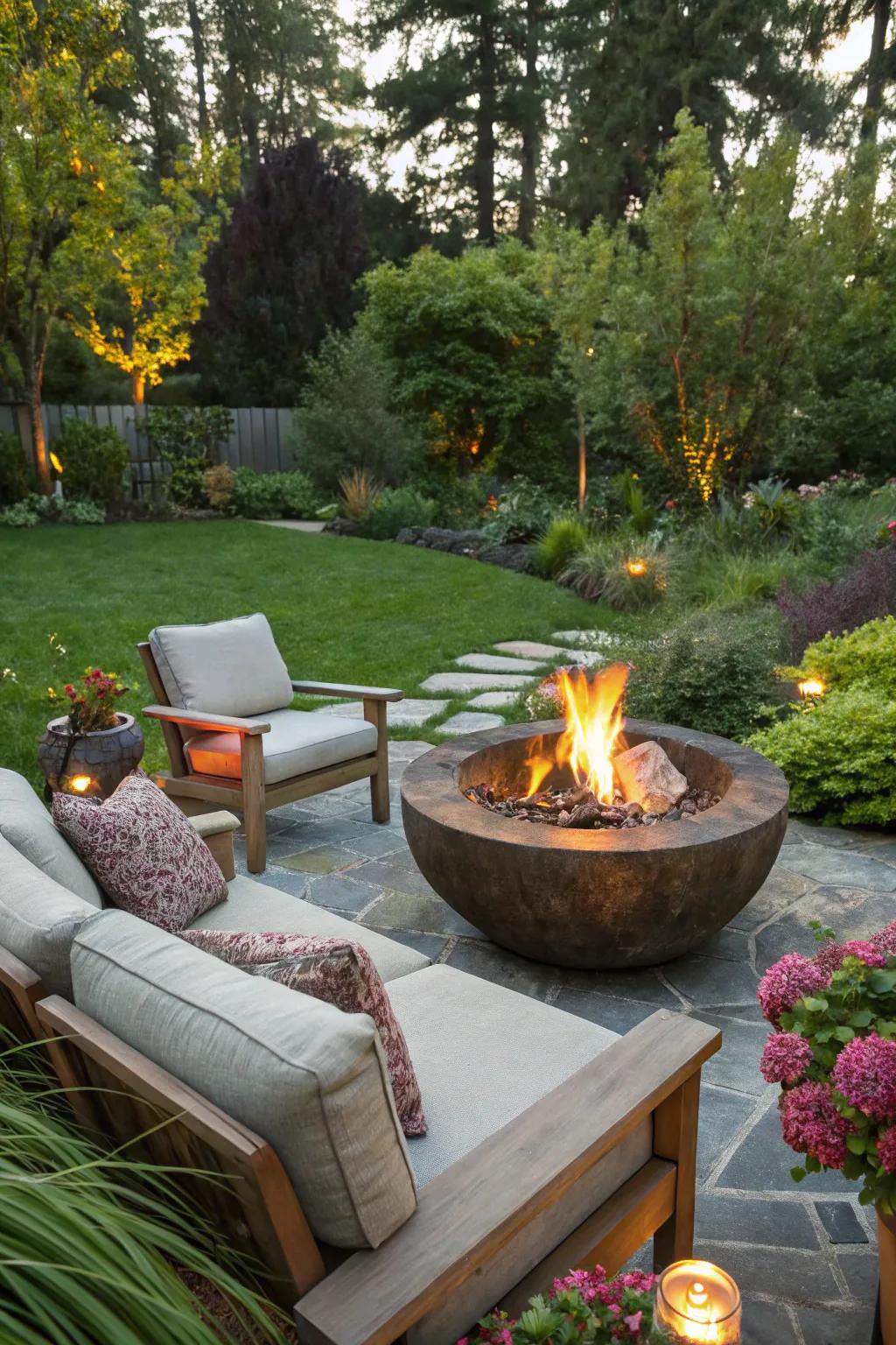 An eco-friendly fire pit made from recycled materials adds unique charm.