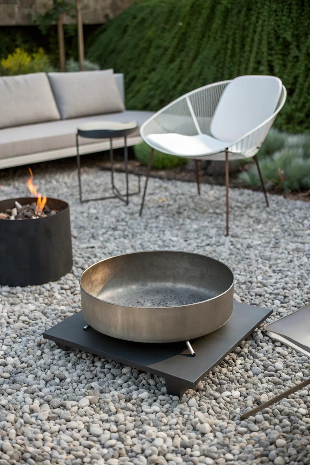A minimalist metal fire pit suits a modern aesthetic.