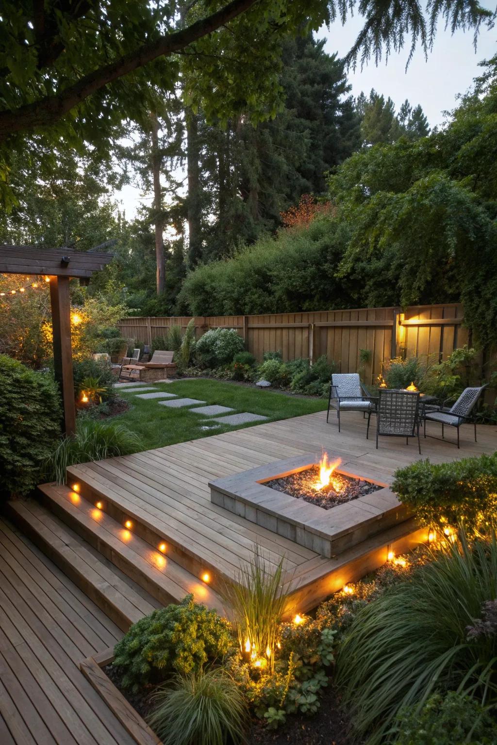 Deck lighting elegantly defines your fire pit area.