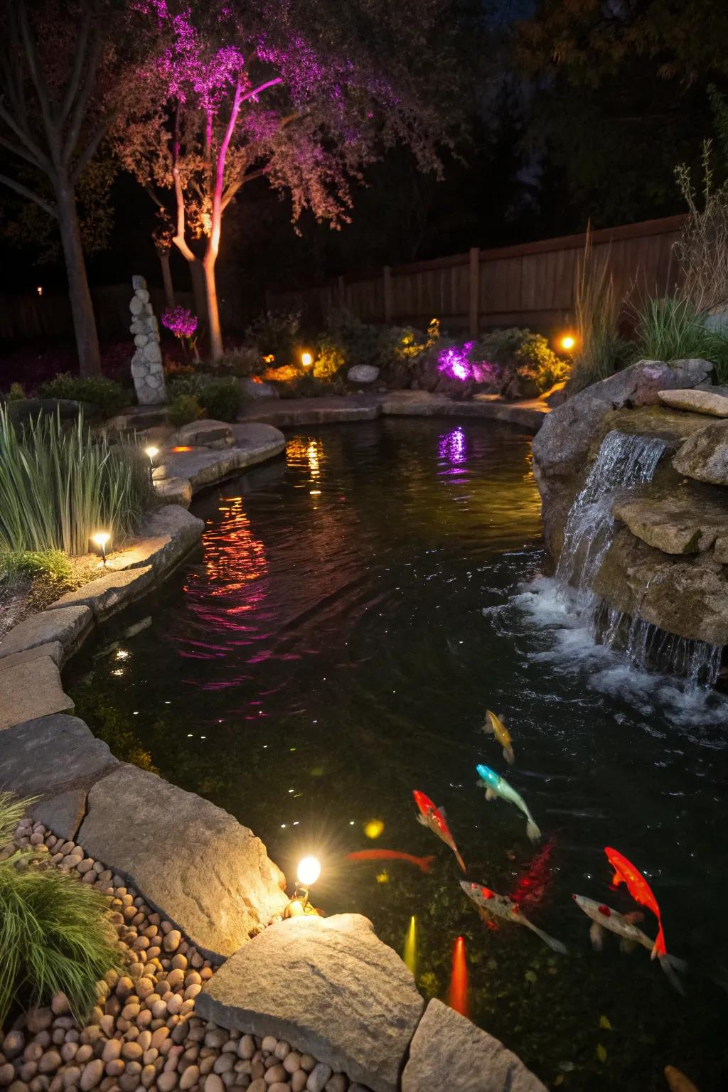 LED lighting transforms ponds into glowing night spectacles.