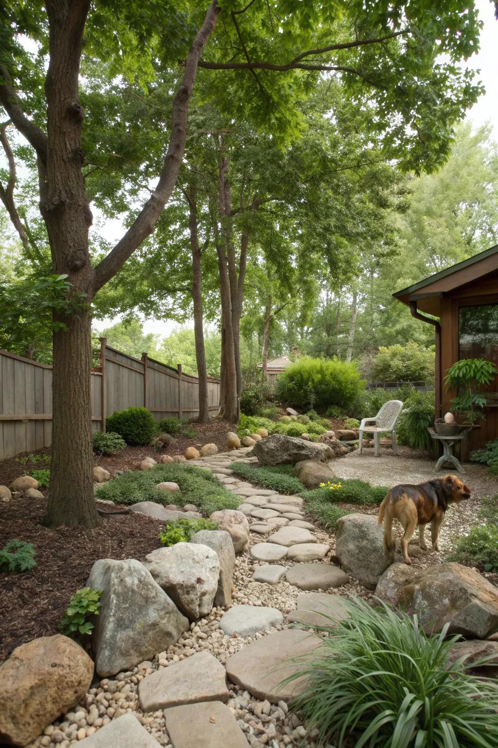 Natural elements create a shaded and enriching environment.