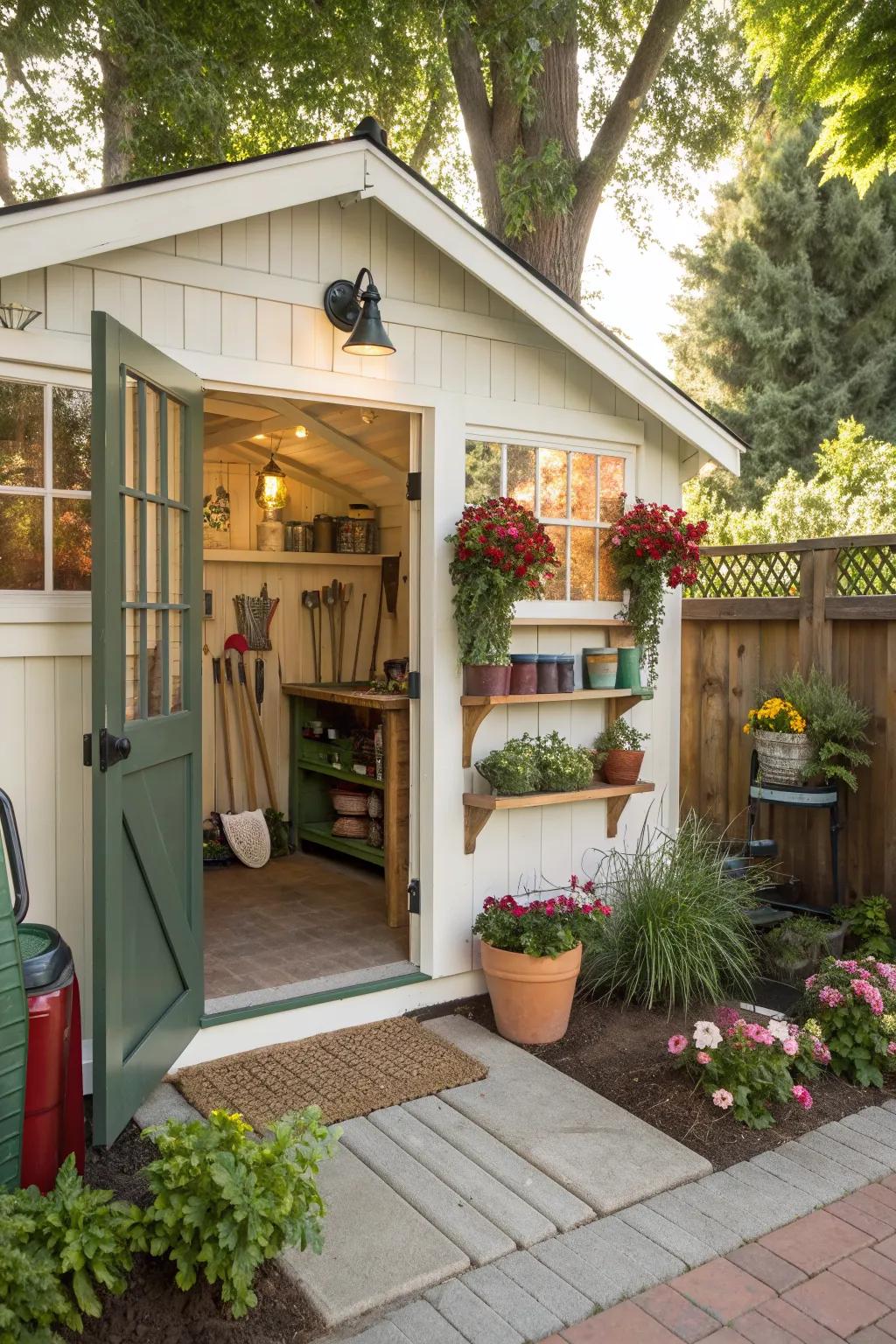 A backyard garage transformed into a dedicated potting shed.