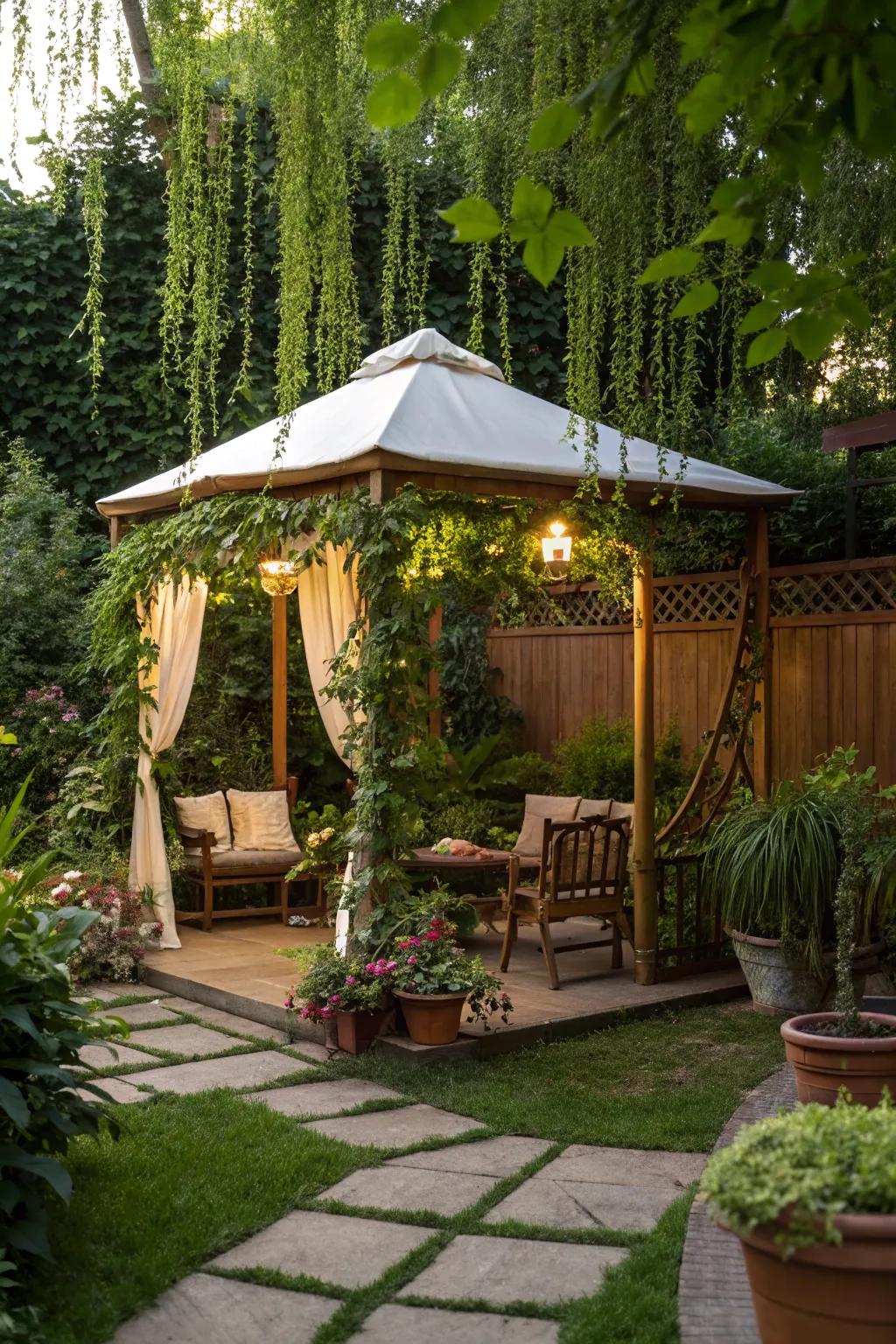 Greenery brings life and vibrancy to this gazebo space.