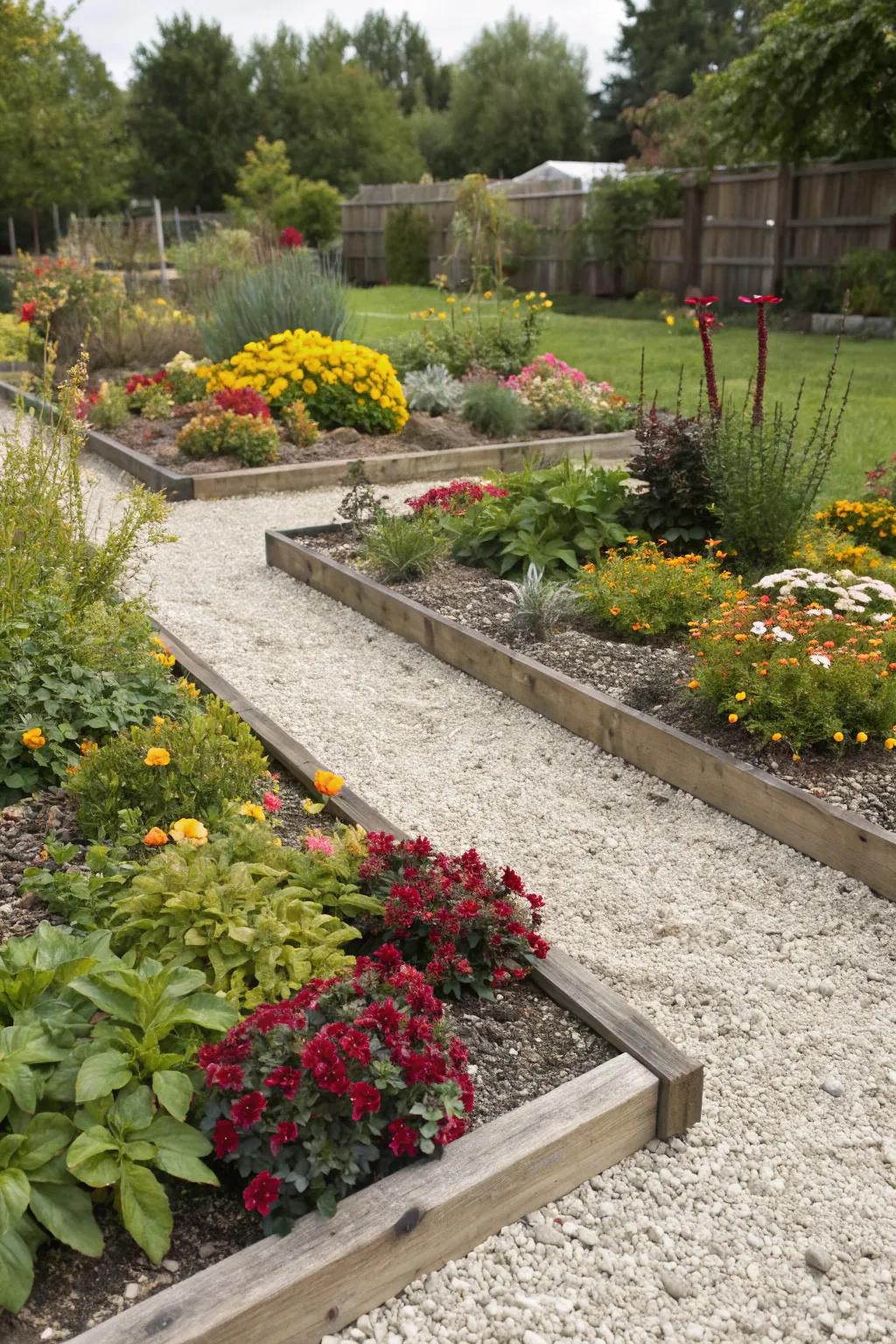 Gravel mulch enhances aesthetics and functionality in garden beds.