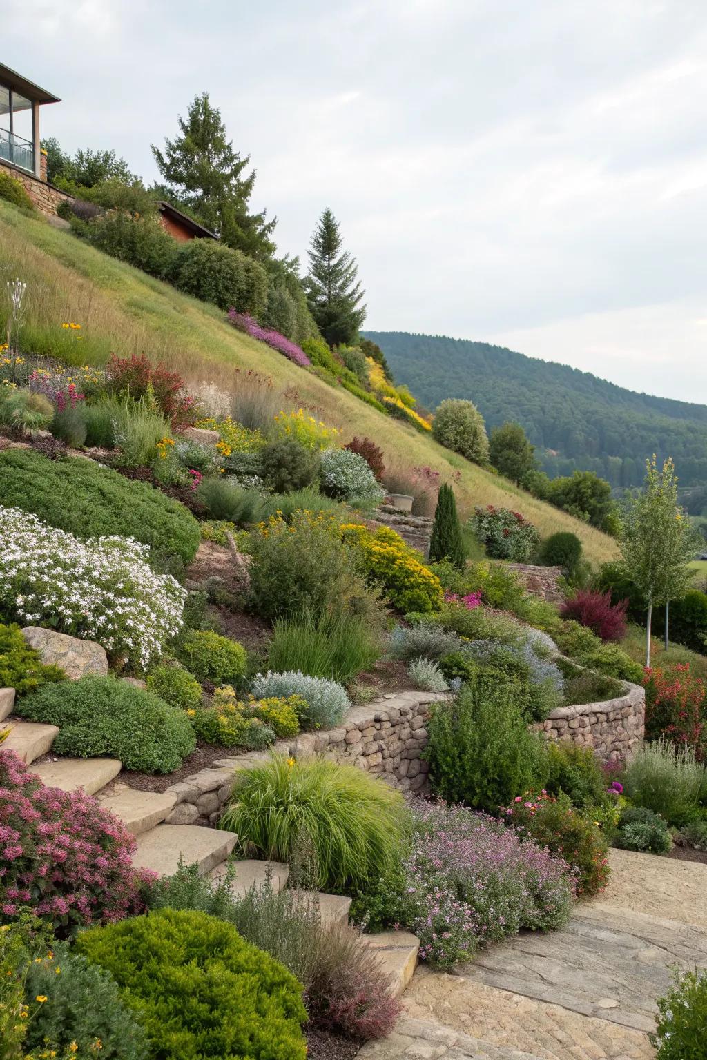 Layered landscaping creates a rich, dynamic garden vista.