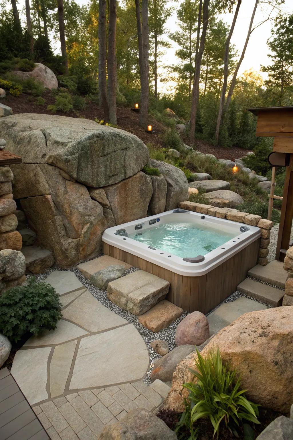 Natural rock elements enhance the rustic charm of a backyard hot tub.