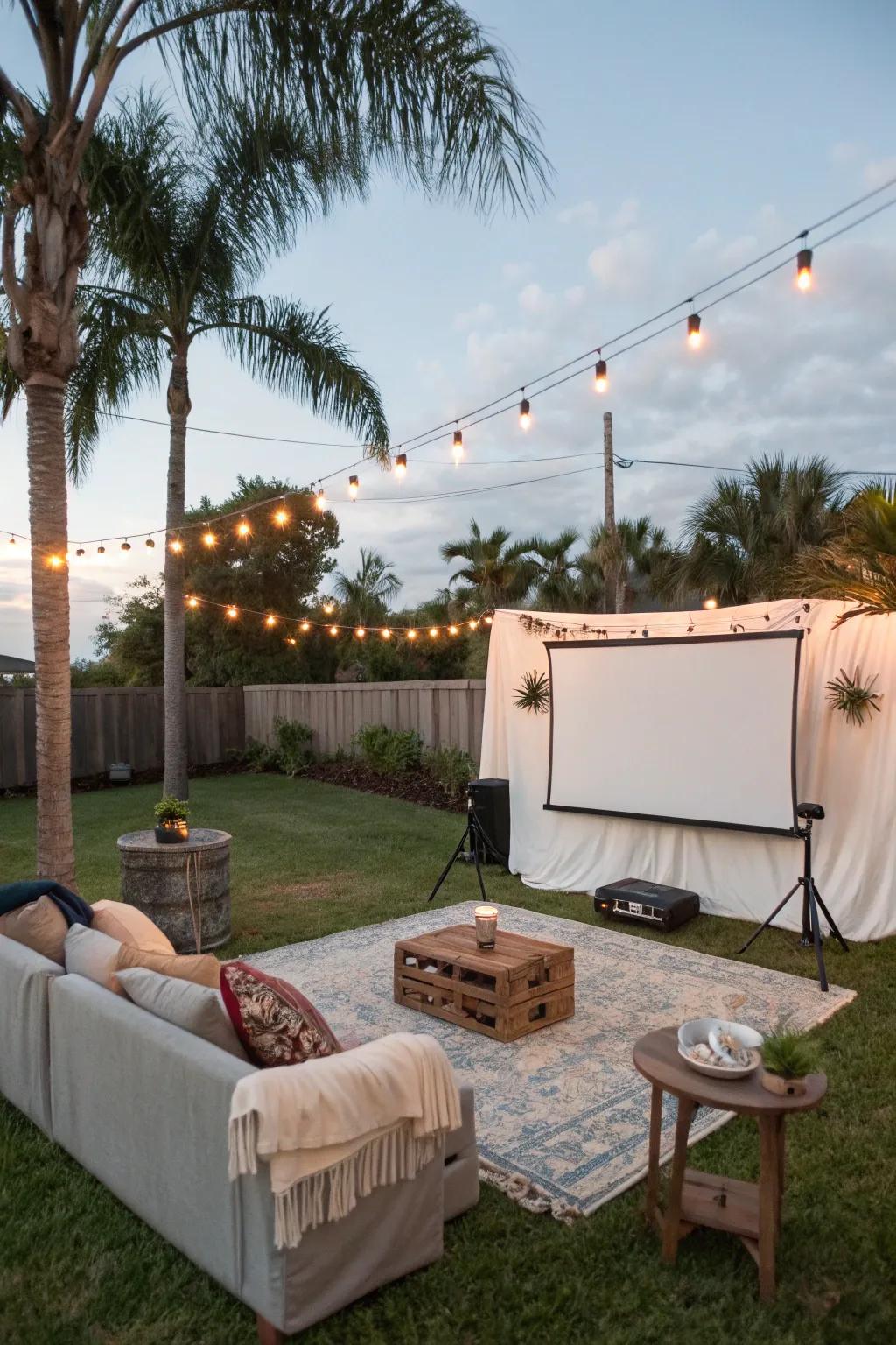 An outdoor movie theater setup in a Florida backyard for starry movie nights.