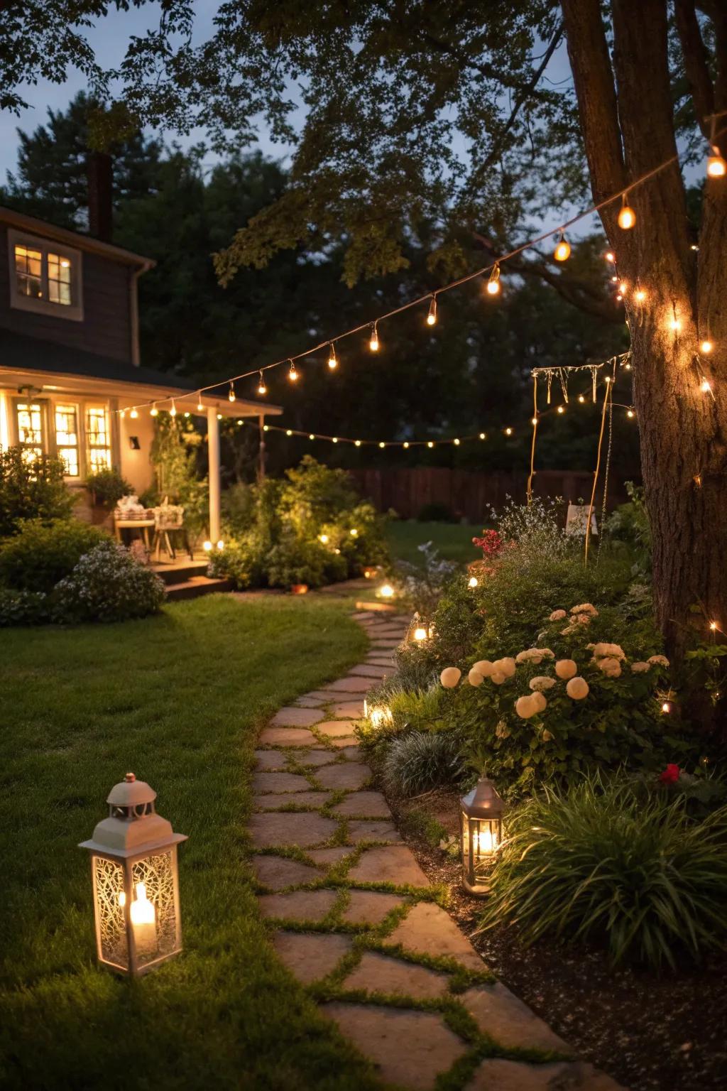 Evening ambiance created with enchanting outdoor lighting.